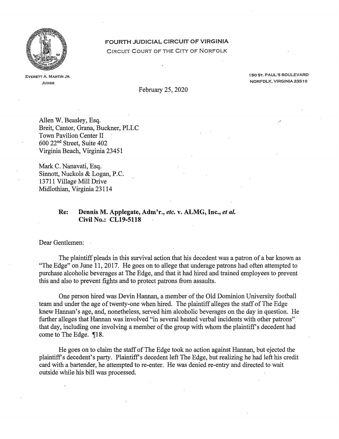 Dennis M. Applegate, Adm’r., etc. v. ALMG, Inc., et al.