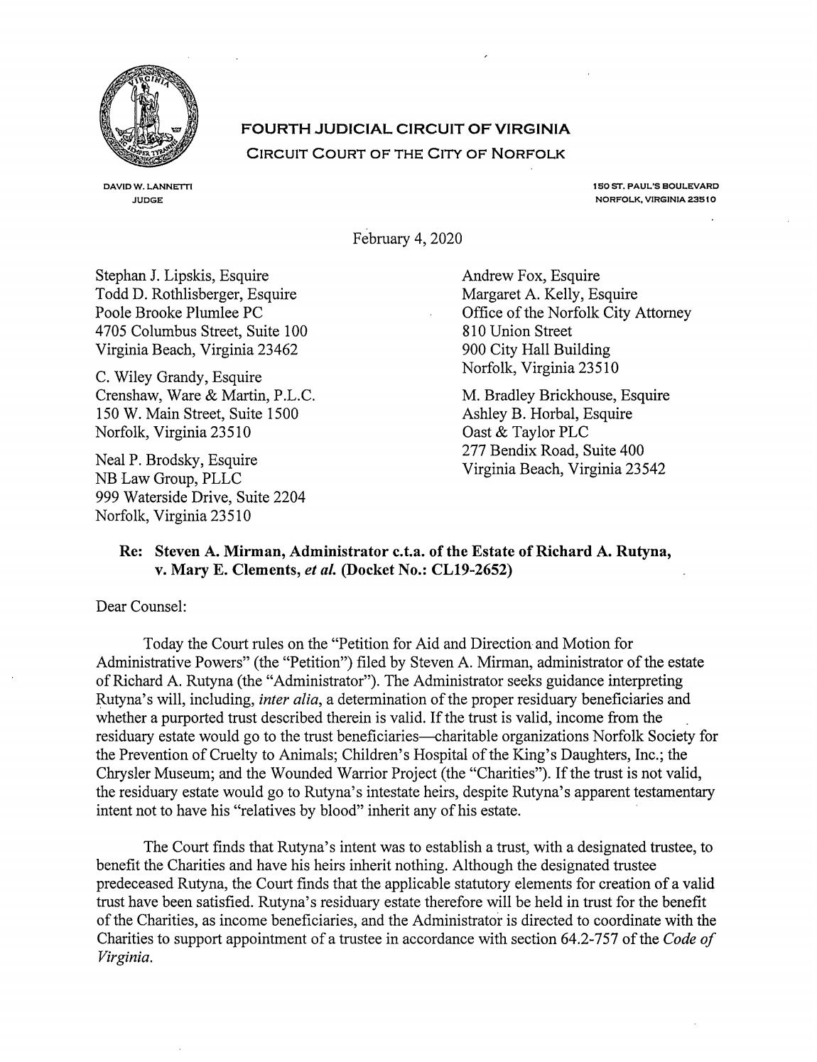 Steven A. Mirman, Administrator c.t.a. of the Estate of Richard A. Rutyna, v. Mary E. Clements, et a