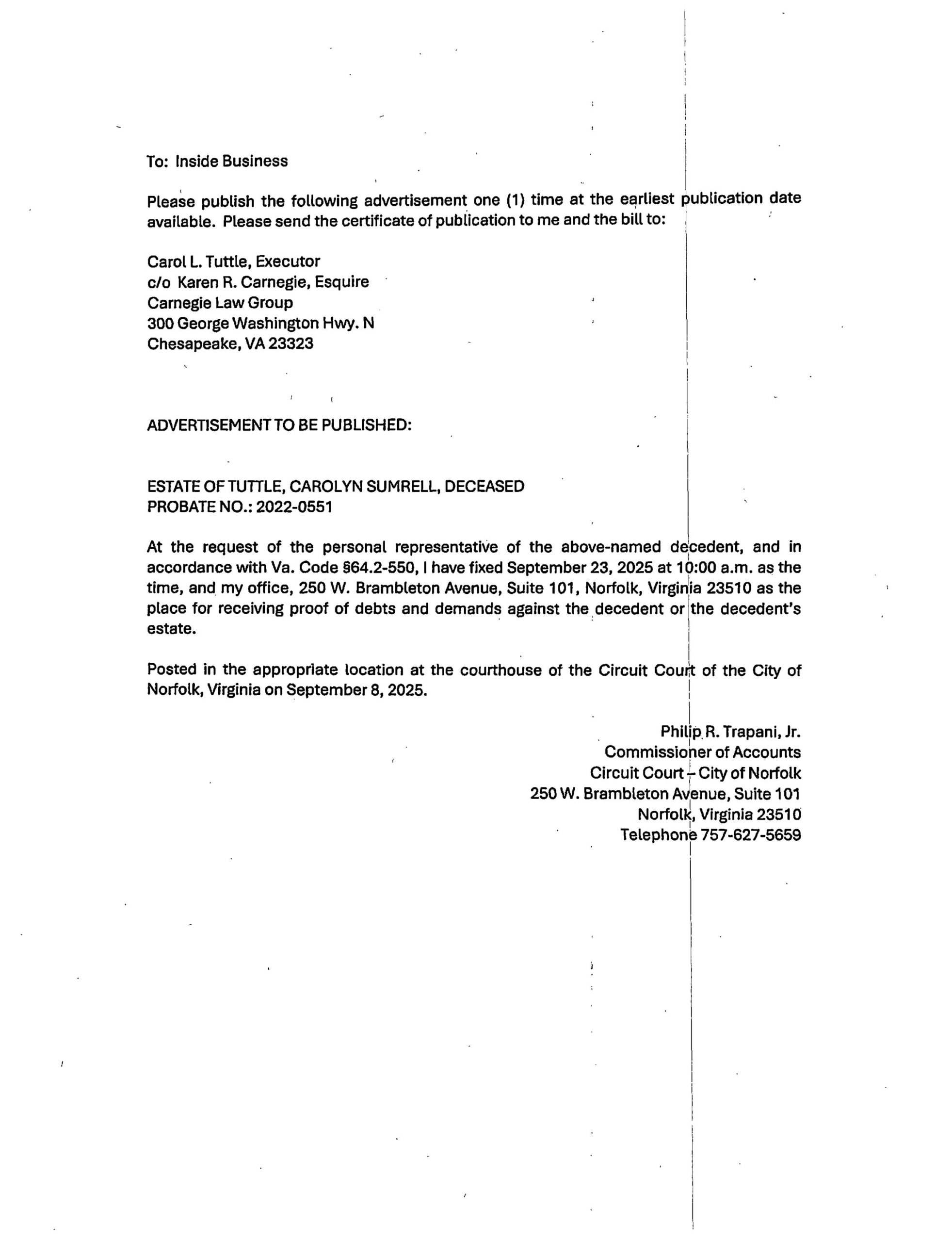 Notice for Estate of Tuttle, Carolyn Sumrell