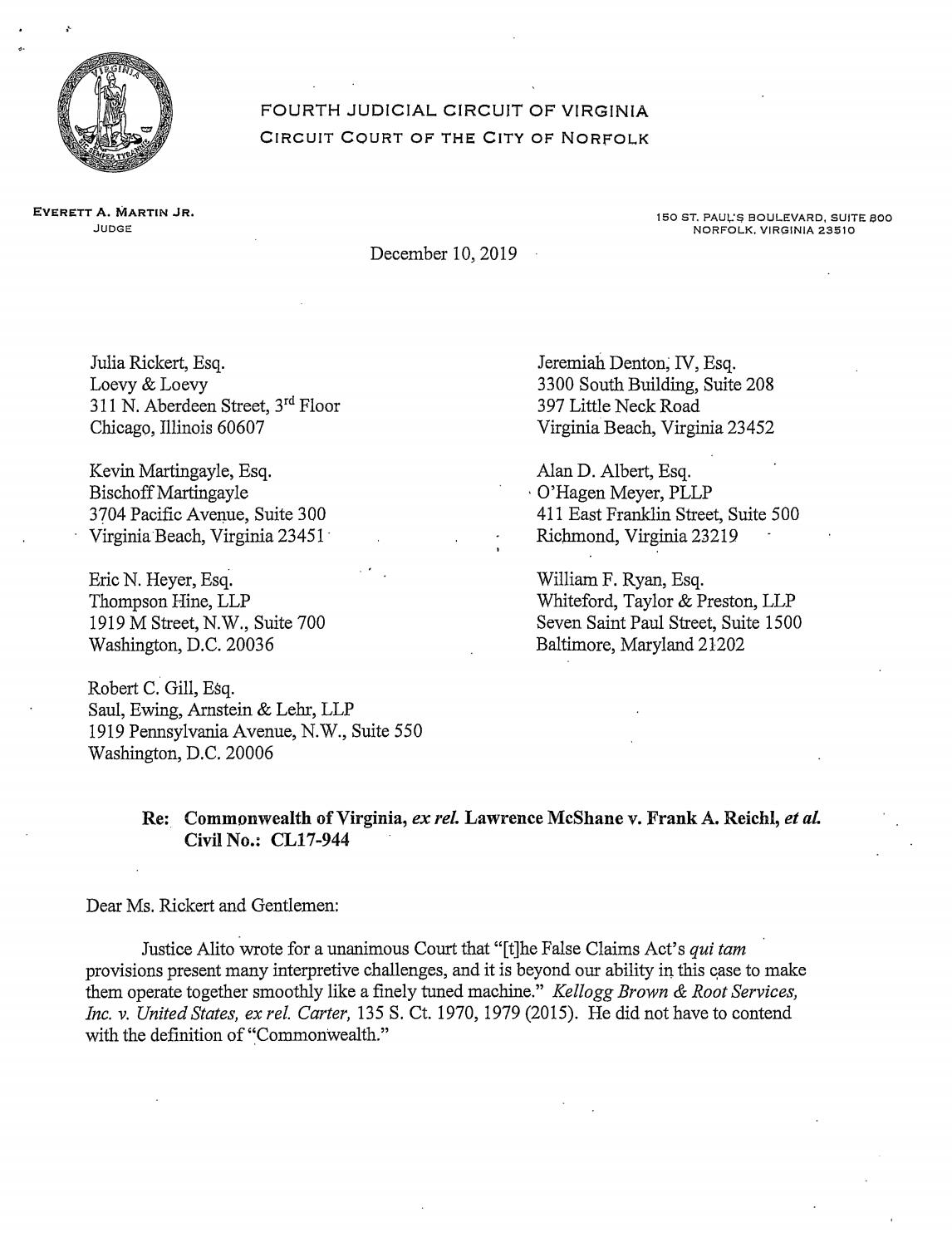 Commonwealth of Virginia, ex rel. Lawrence McShane v. Frank A. Reichl, et al.