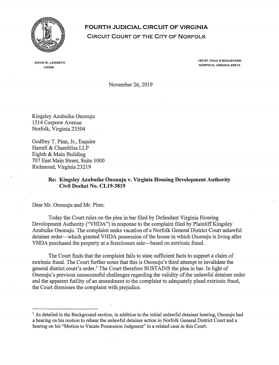 Kingsley Azubuike Ononuju v. Virginia Housing Development Authority
