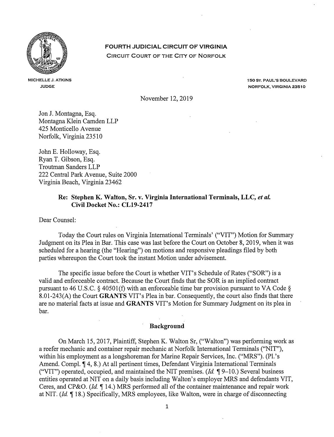 Stephen K. Walton, Sr., v. Virginia International Terminals, LLC, et al.