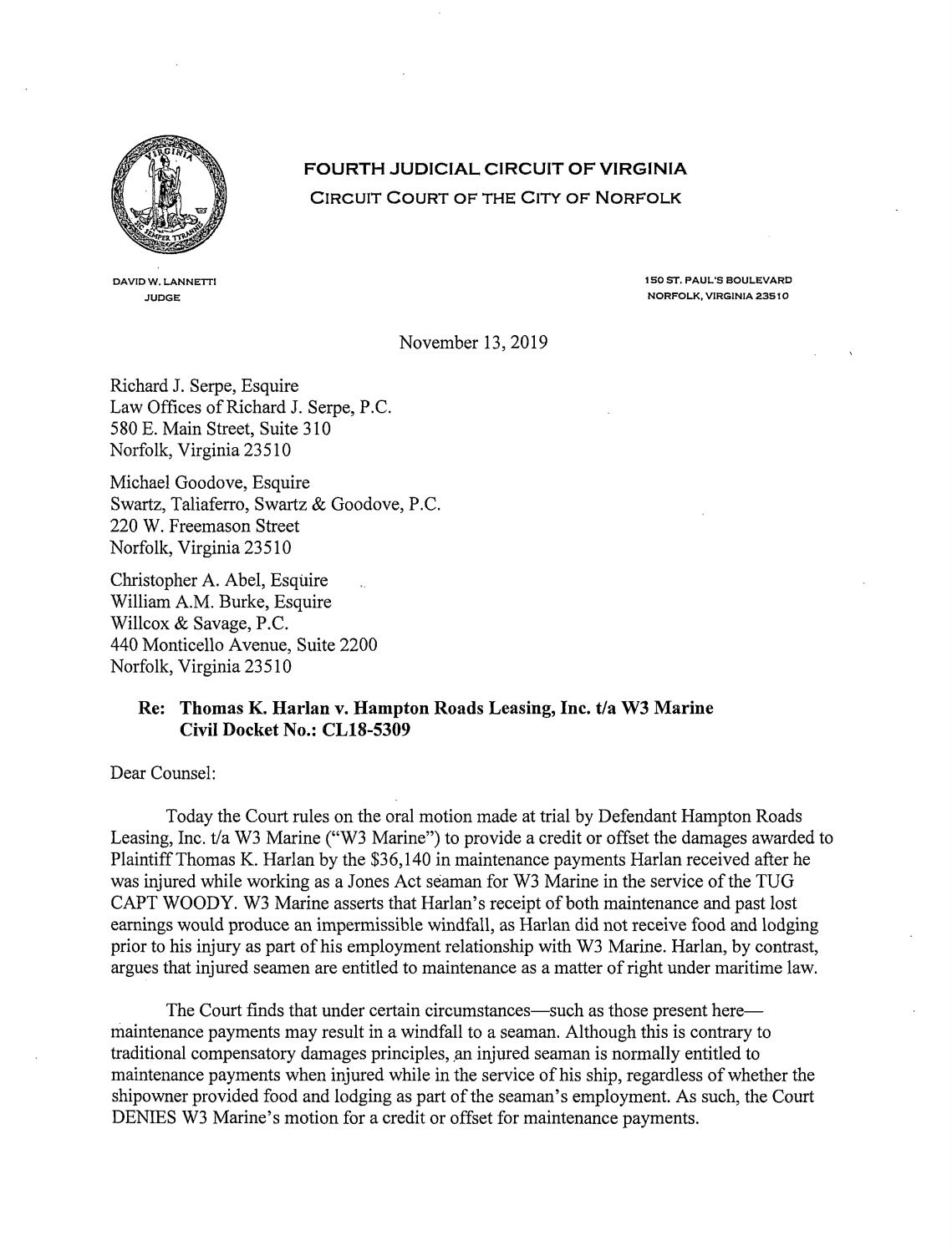 Thomas K. Harlan v. Hampton Roads Leasing, Inc., t/a W3 Marine