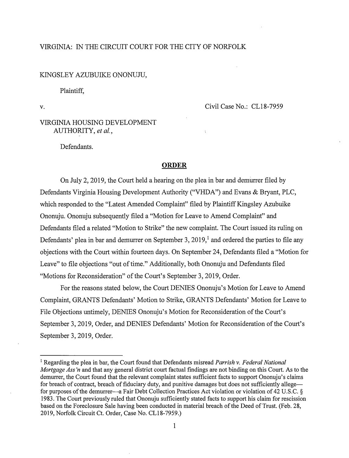 Kingsley Azubuike Ononuju v. Virginia Housing Development Authority, et al.