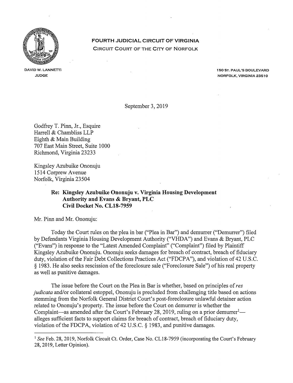 Kinglsey Azubuike Ononuju v. Virginia Housing Development Authority and Evans & Bryant, PLC
