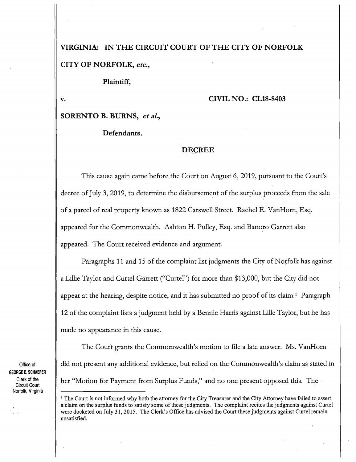City of Norfolk, etc. v. Sorento B. Burns, et al