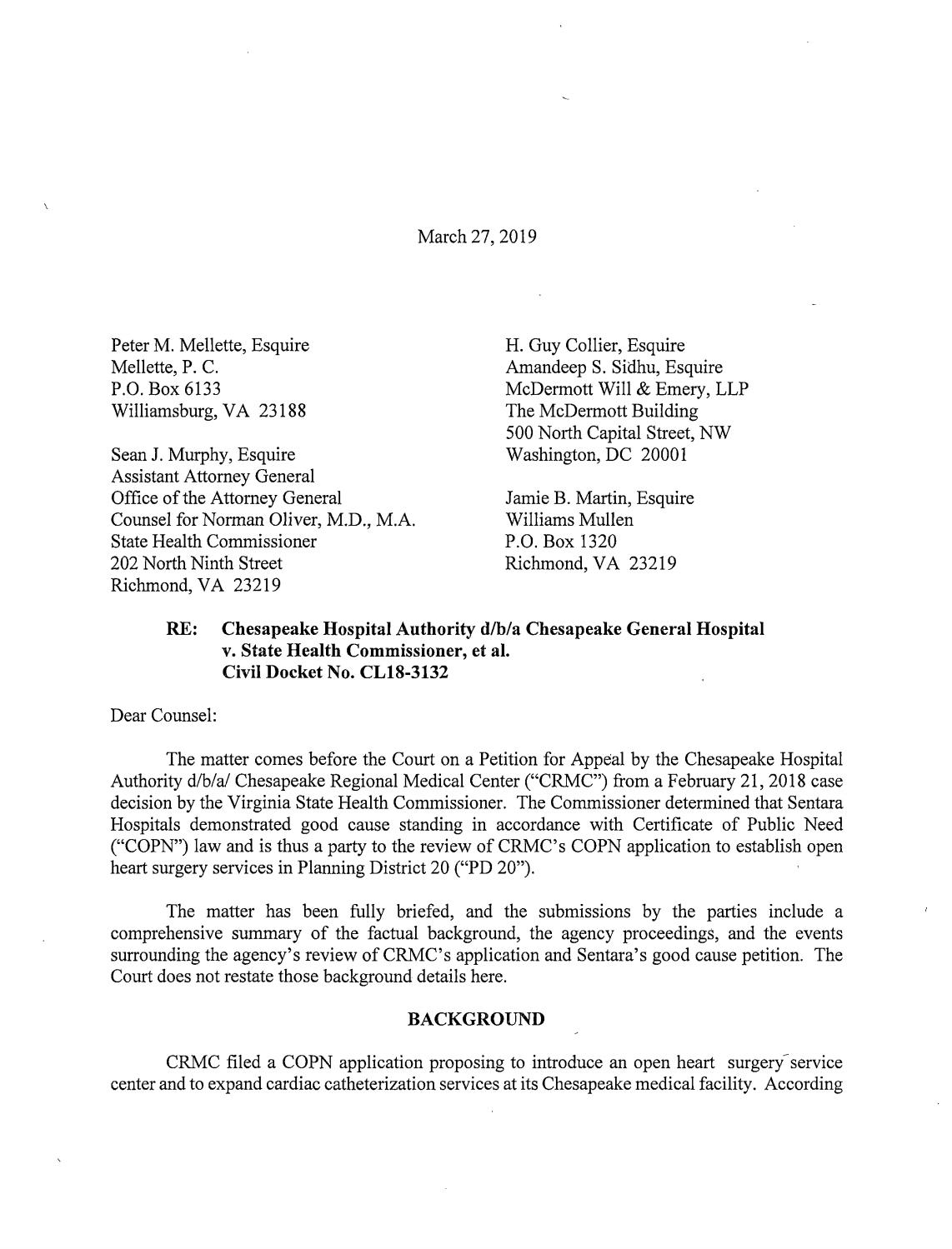 Chesapeake Hospital Authority v. State health Commission