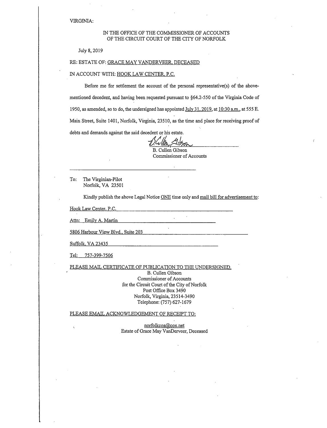 RE: Estate of : Grace May Vanderveer, Deceased