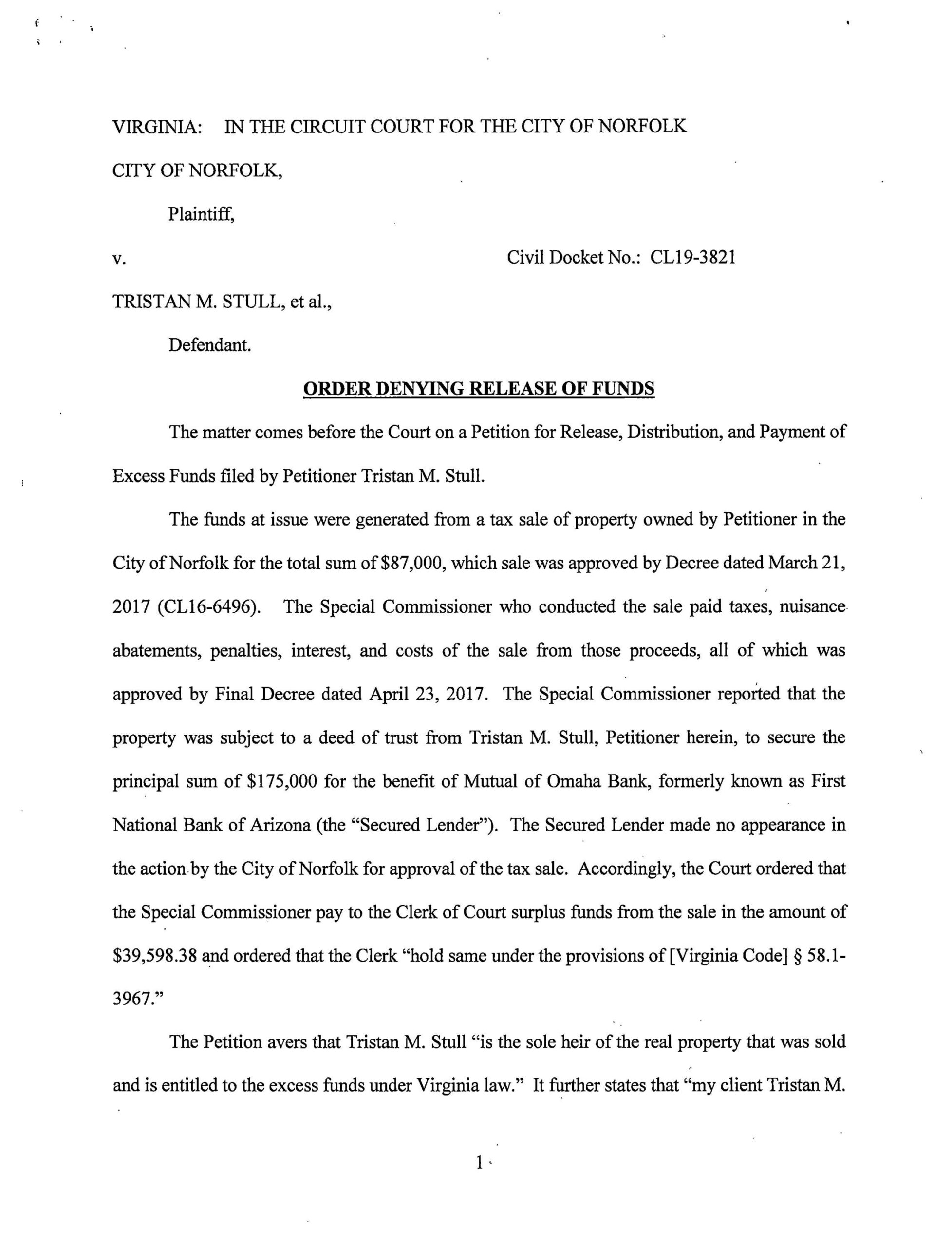 City of Norfolk v. Tristan M. Stull, et al.