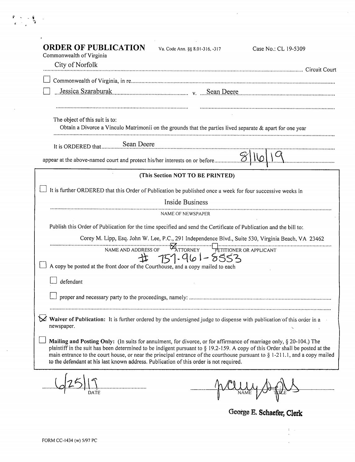CL 19-5309 Order of Publication