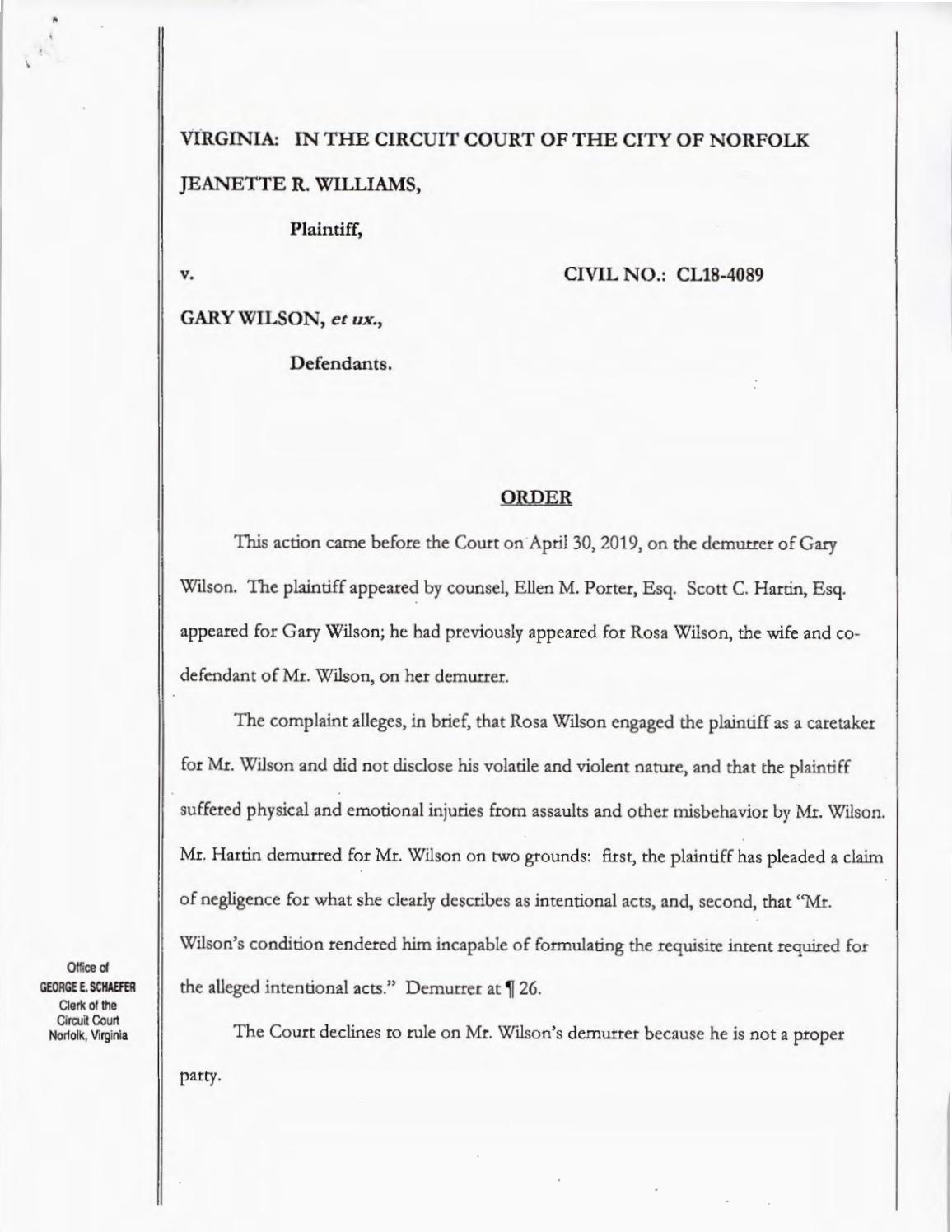 Jeanette R WIlliams vs Gary Wilson