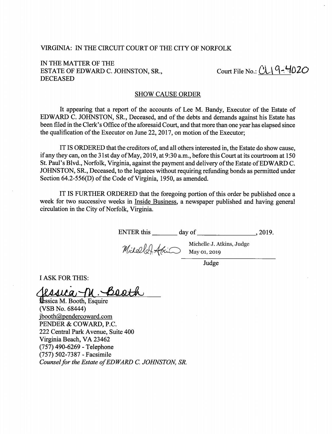 CL 19-4020 Show Cause Order of Pubication: Estate of Edward C. Johnson, Jr,