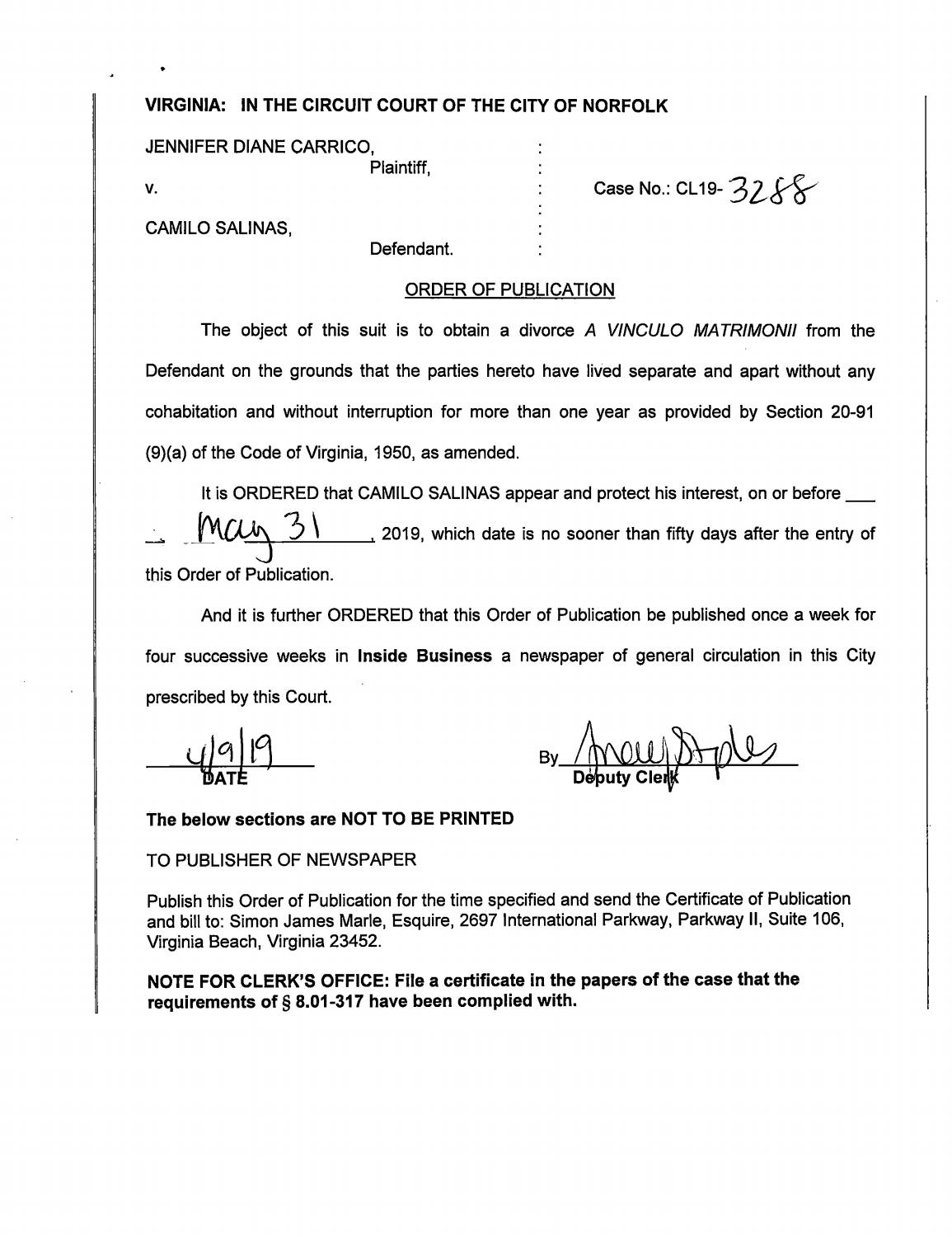 CL 19-3288 Order of Publication
