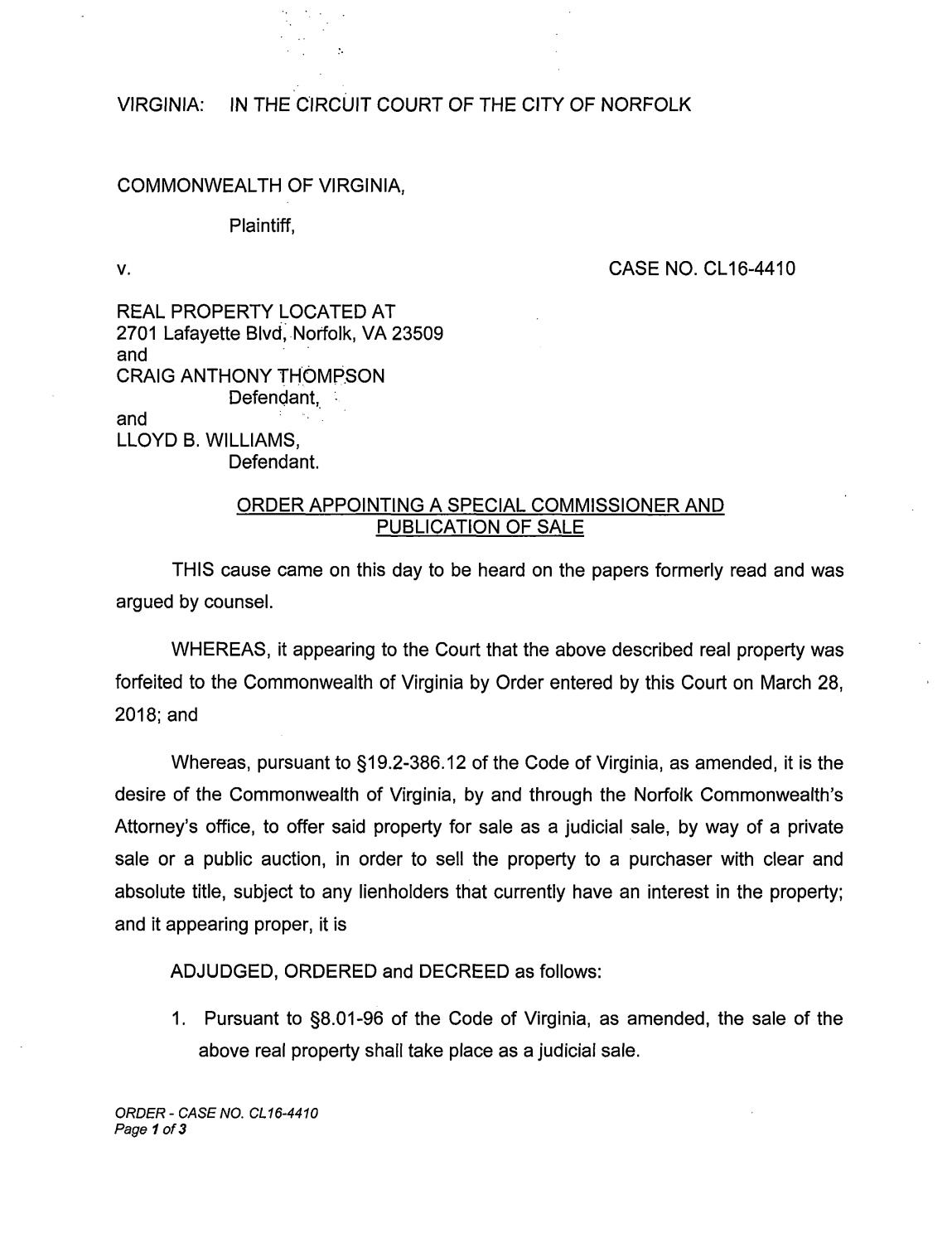 CL 16-4410 Order Appointing Special Commissioner and Publication of Sale