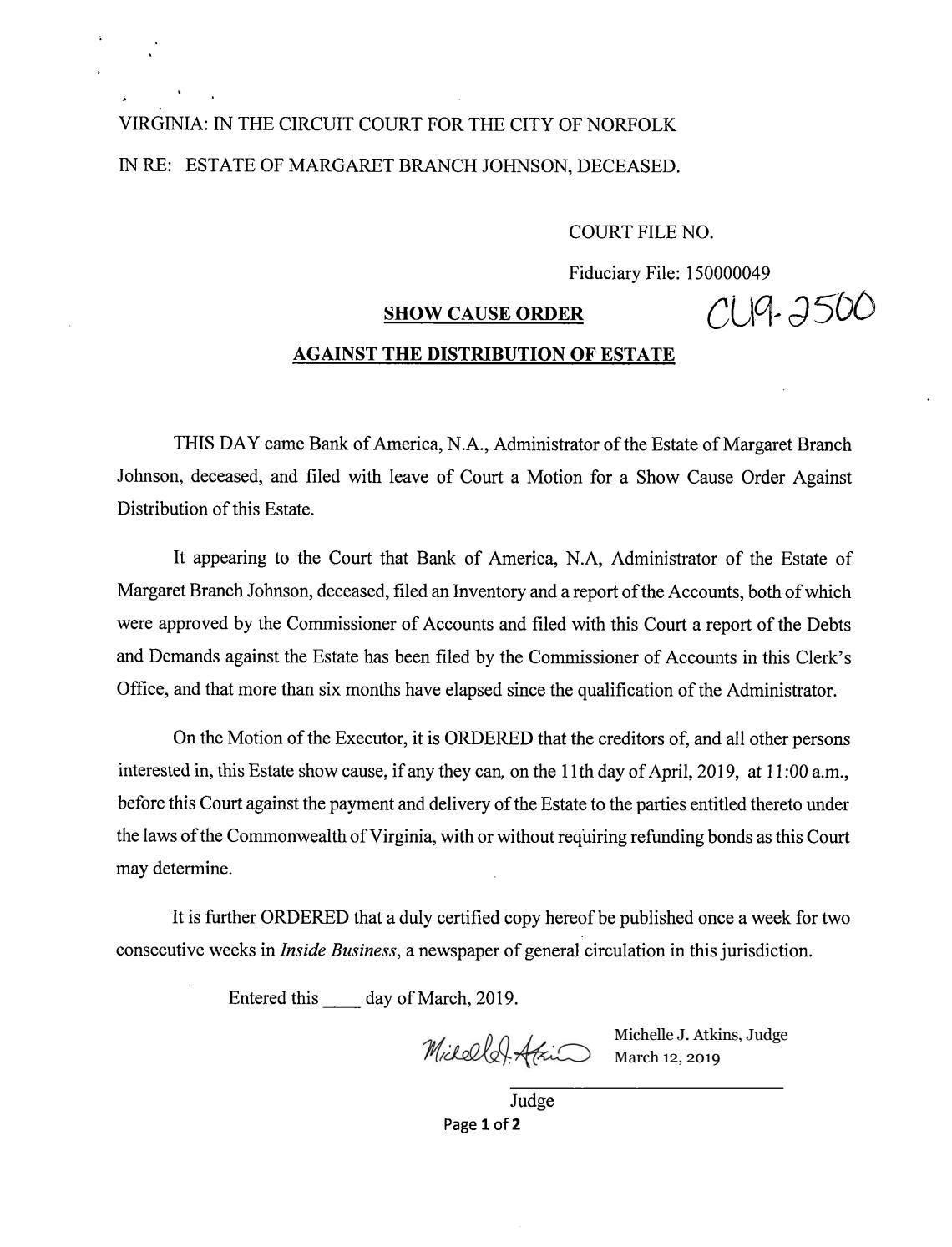 CL 19-2500 Show Cause of Estate of Margaret Johnson