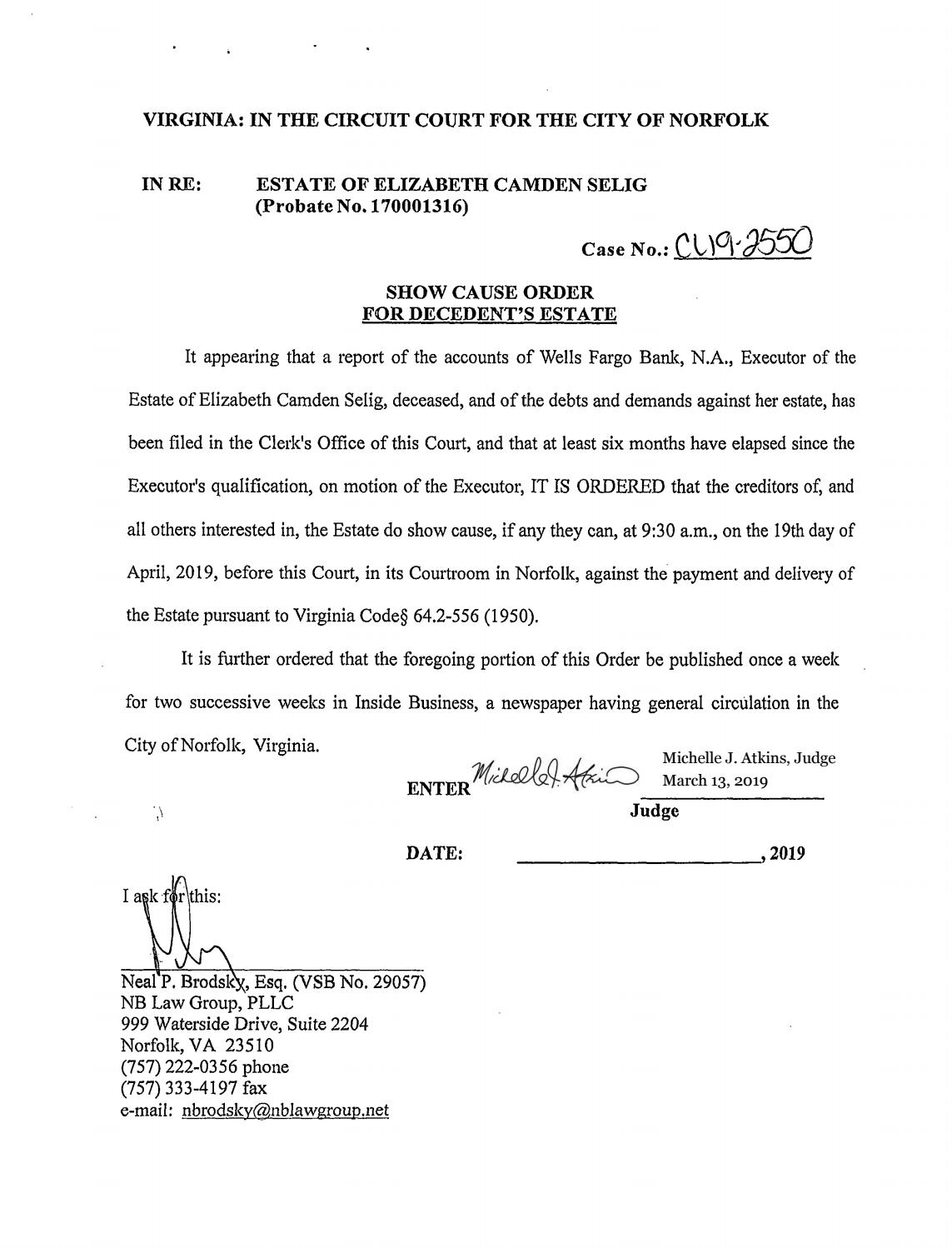 CL 19-2550 Show Cause Order of Estate of Elizabeth Selig