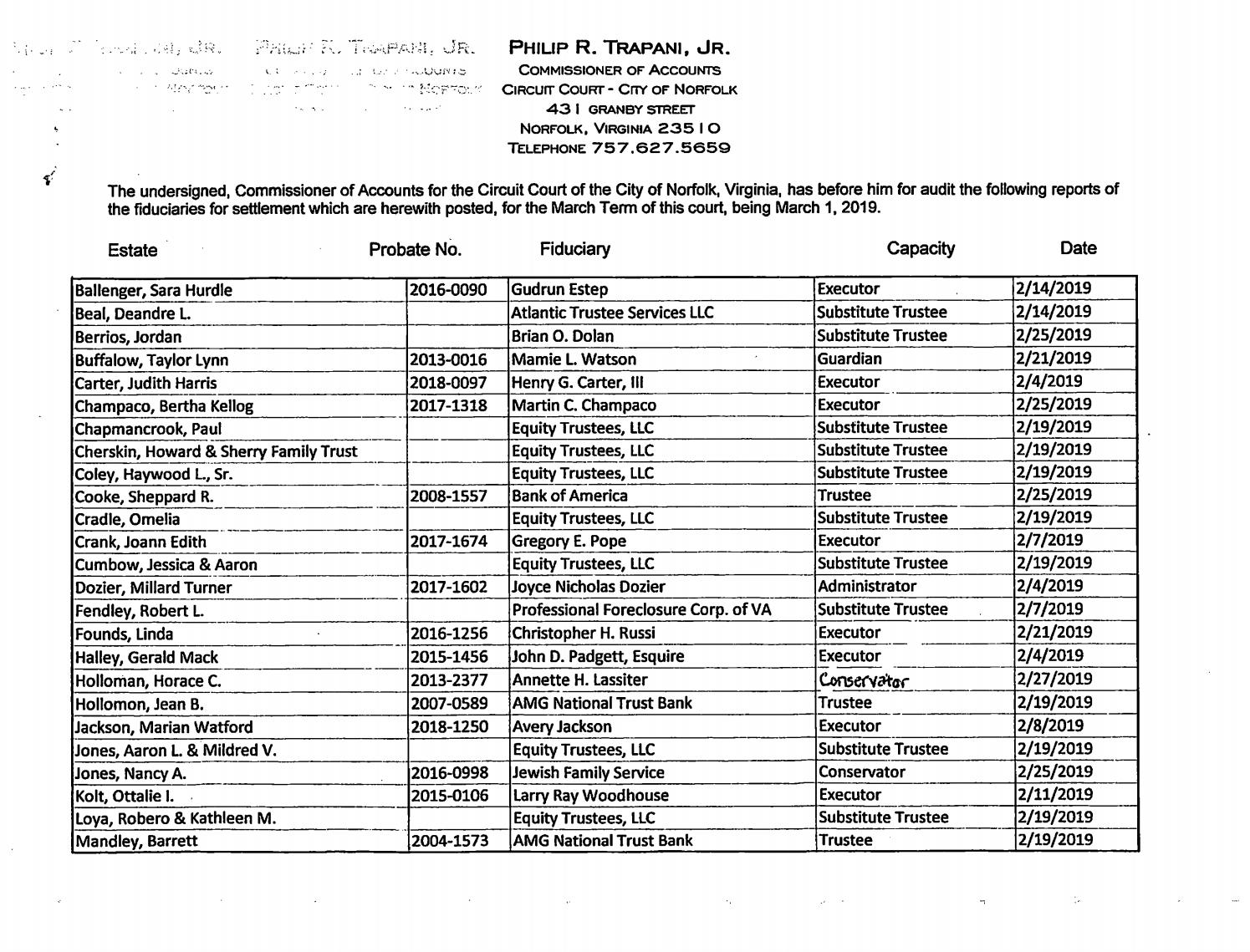 List of Fiduciaries  Office of Philip Trapani, Commissioner of Accounts
