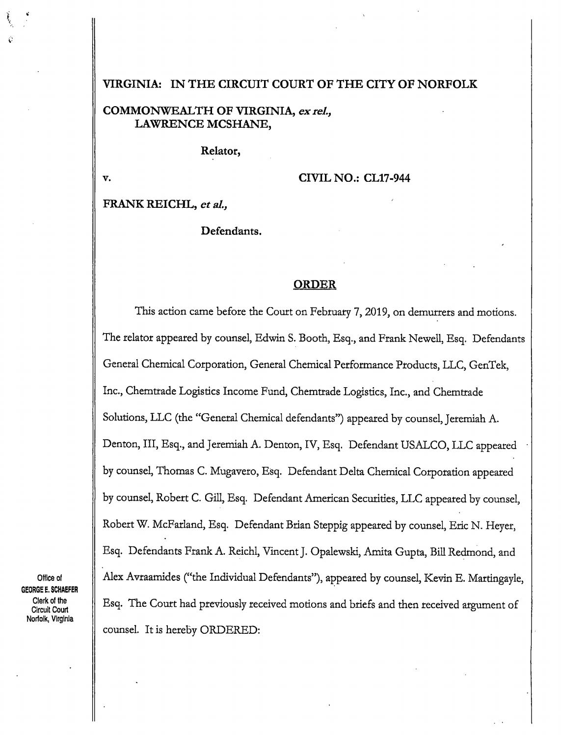 Commonwealth ex rel. Lawrence McShane vs Frank Reichl, et al.