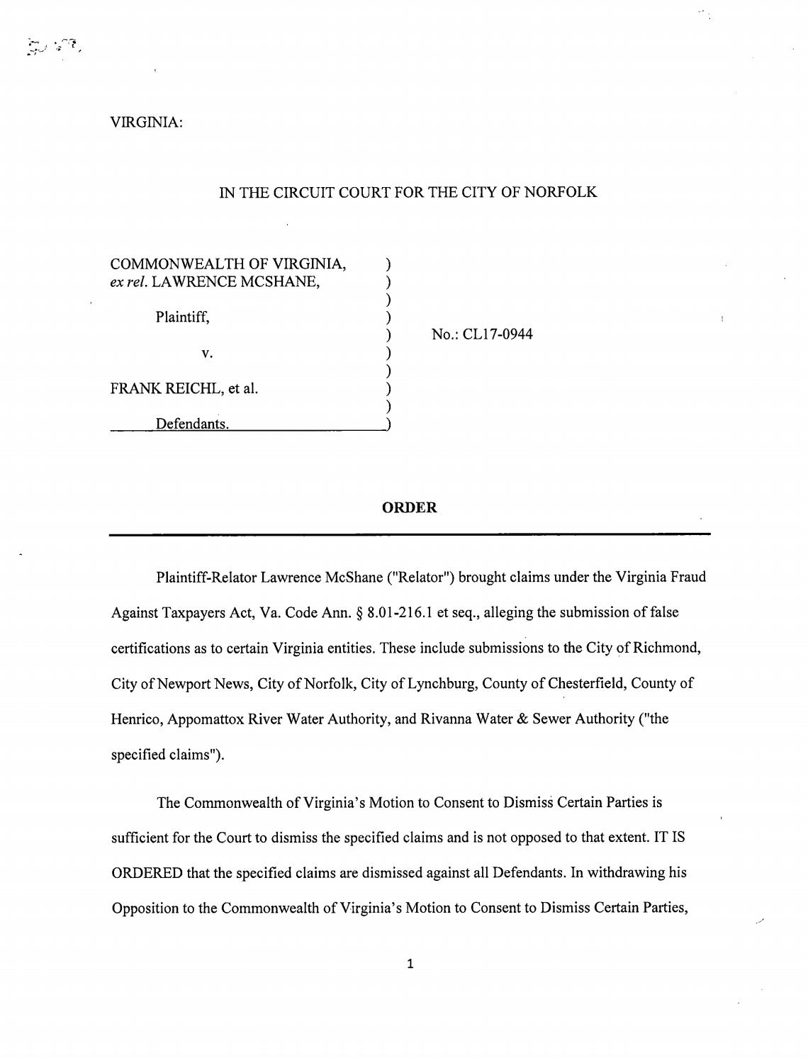 Commonwealth ex rel. Lawrence McShane vs Frank Reichl, et al.