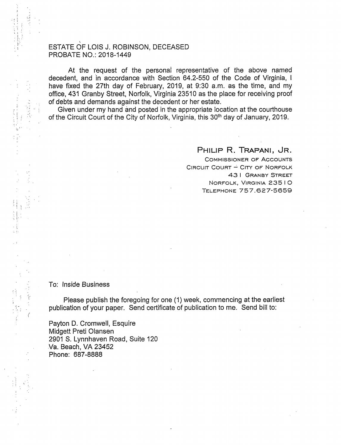 Probate No.: 2018-1449 Estate of Lois Robinson