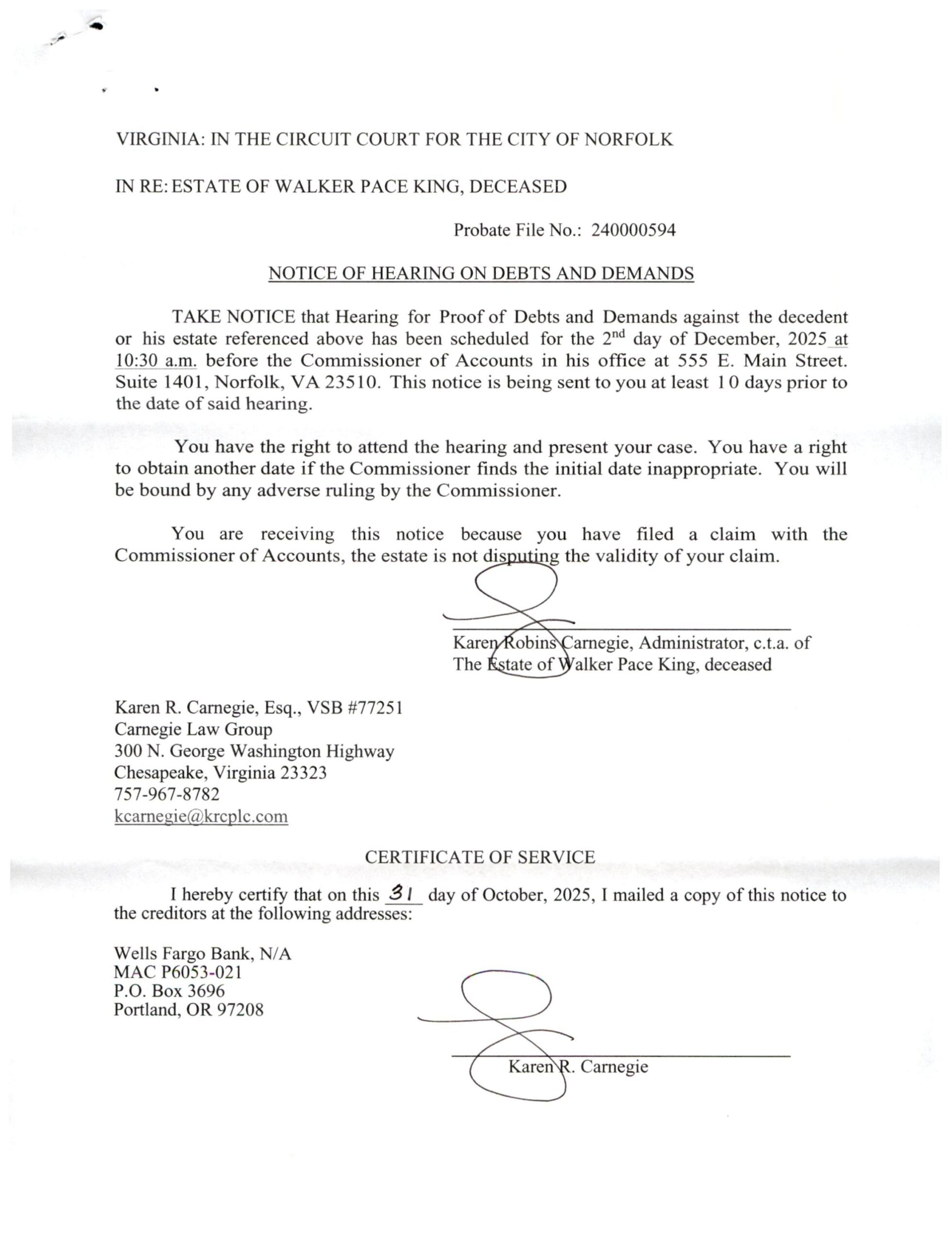 Notice of Hearing on Debts and Demands