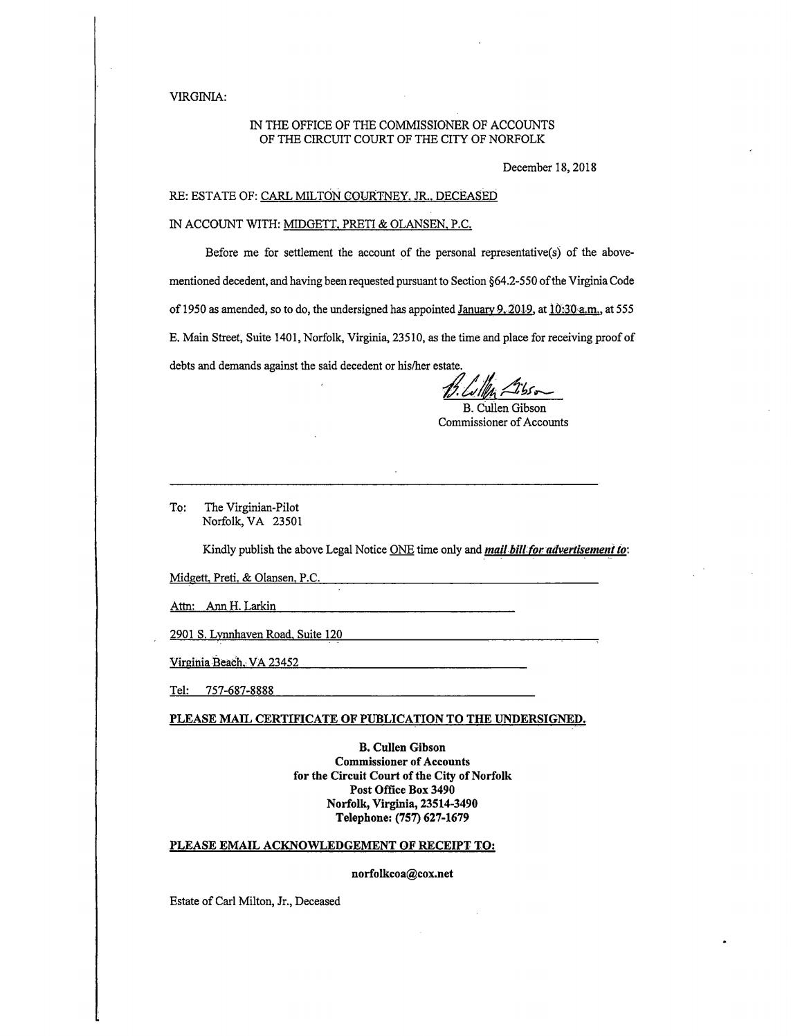 Estate of Carl Courtney, Jr Decesed