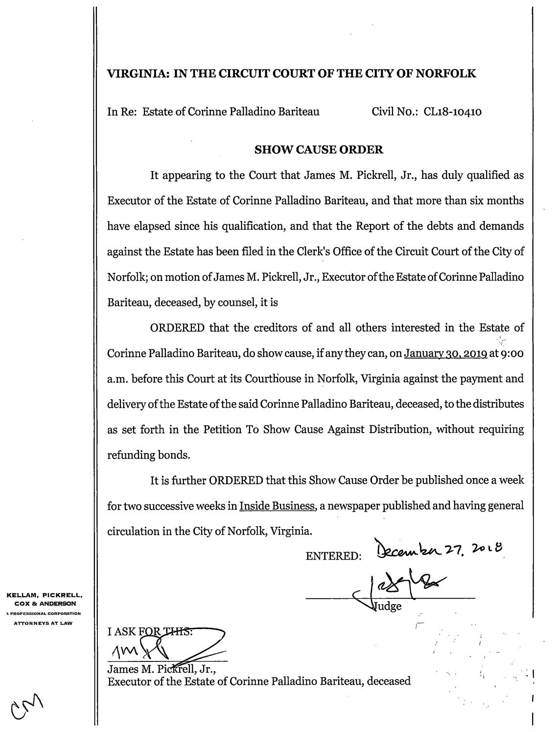 CL 18-10410 Order of Publciation for Show Cause