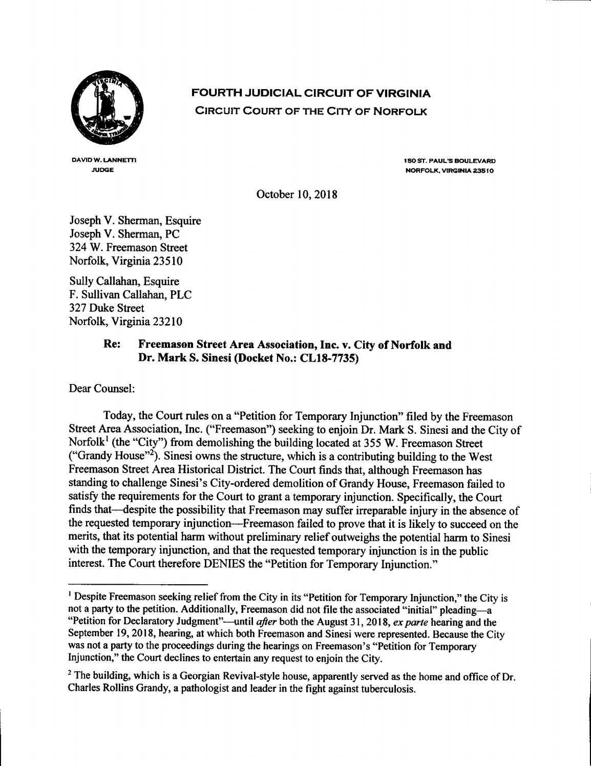 Freemason Street Area Association, Inc. v. City of Norfolk and Dr. Mark S. Sinesi
