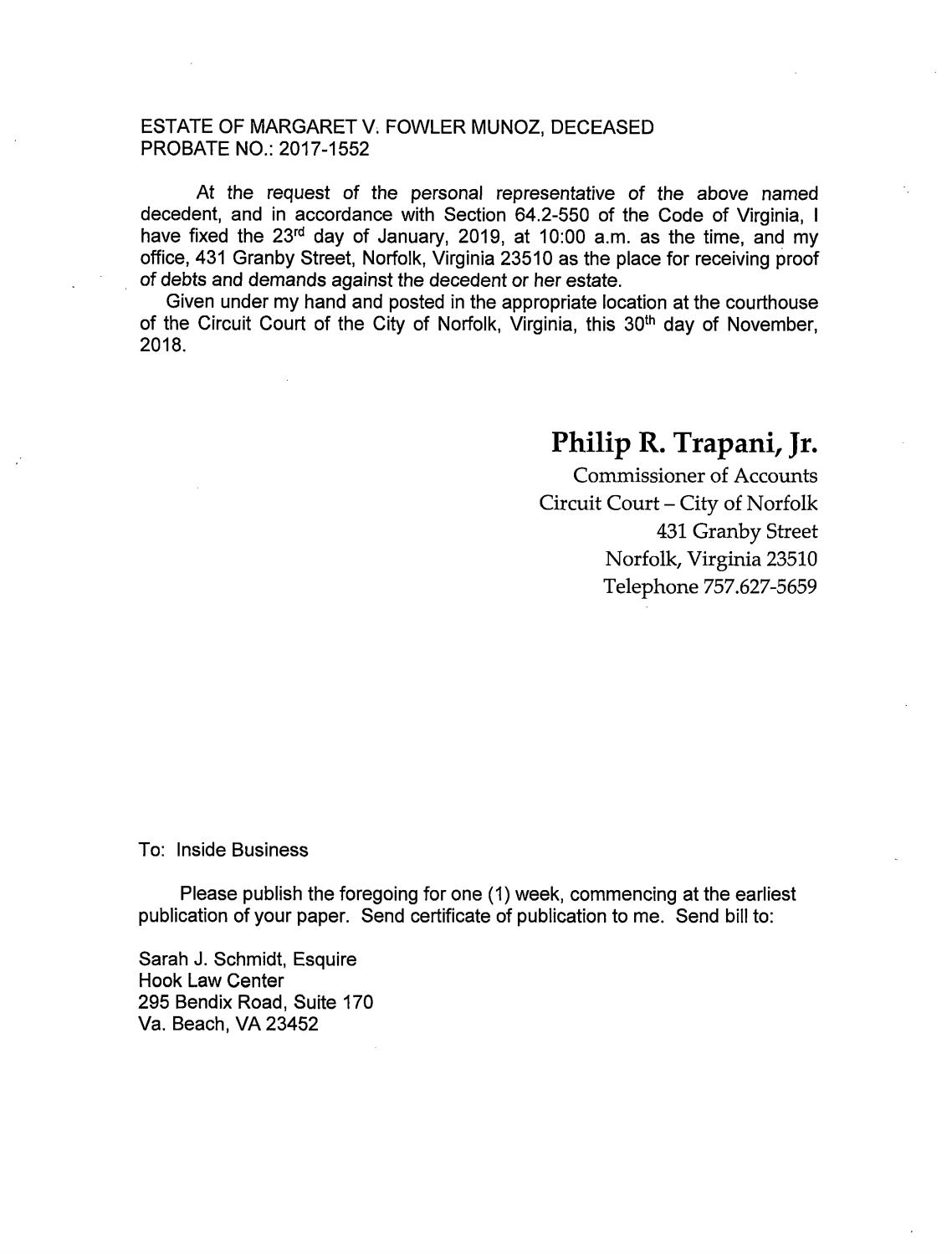 Estate of Margaret Munoz, Deceased Probate # 2017-1552
