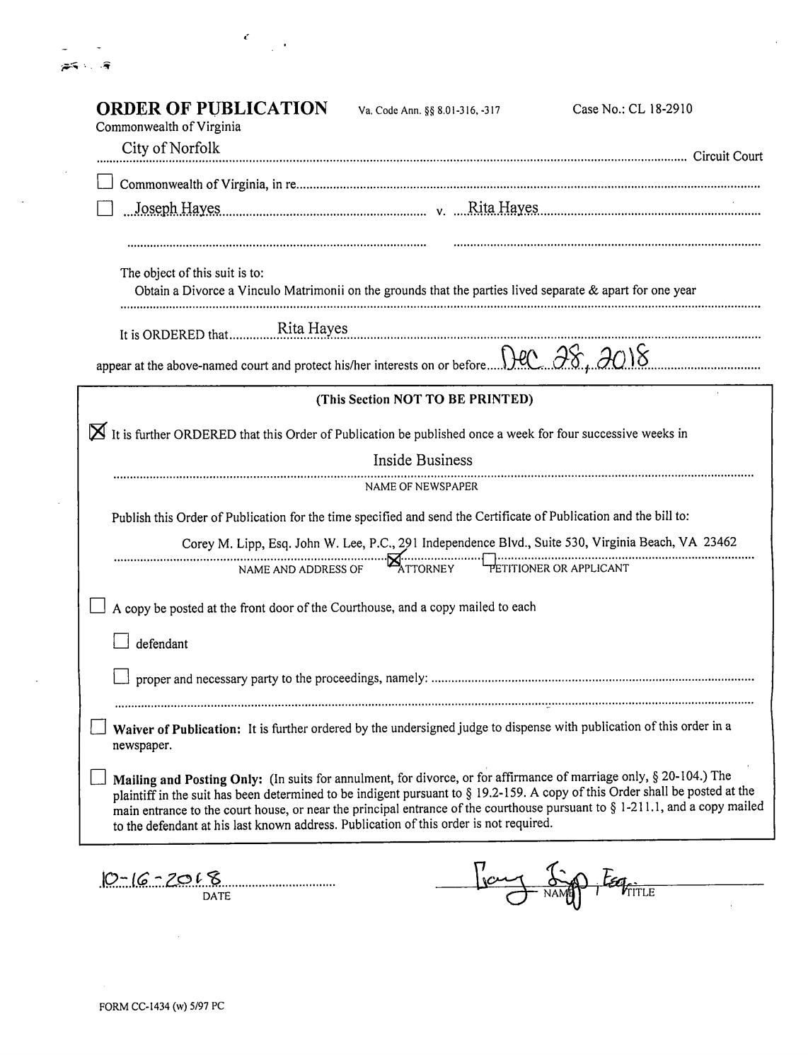 CL 18-2910 Order of Publication