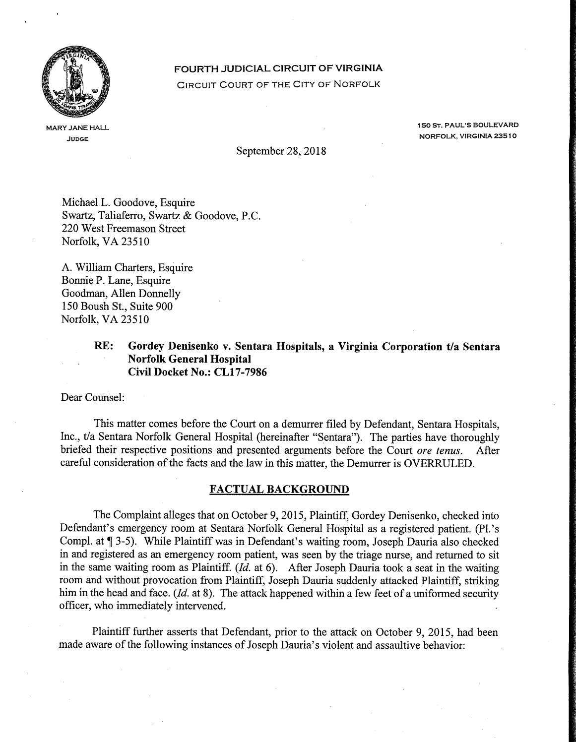 Gordey Denisenko v. Sentara Hospitals, a Virginia Corporation t/a Sentara Norfolk General Hospital
