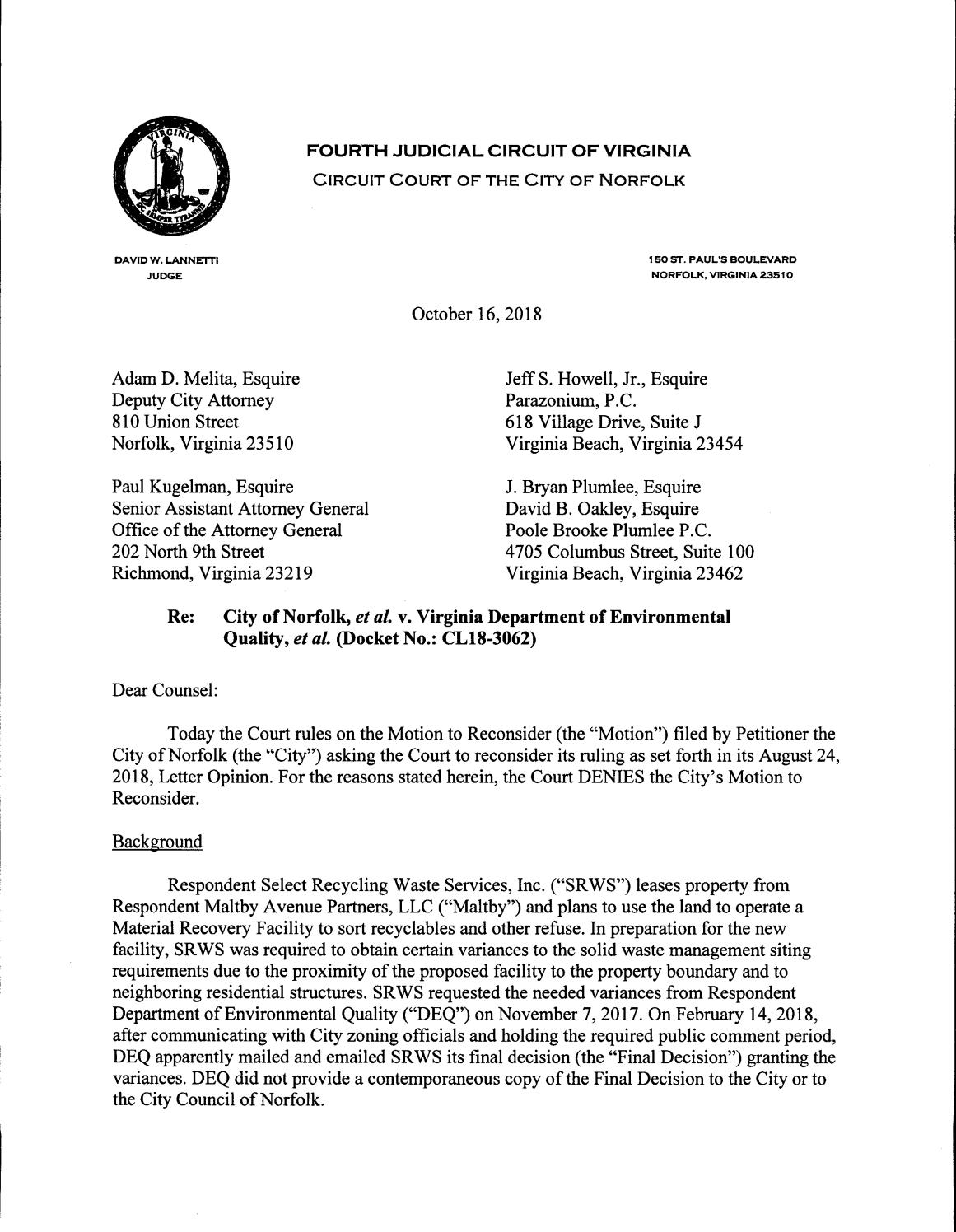 City of Norfolk, et al. v. Virginia Department of Environmental Quality, et al.