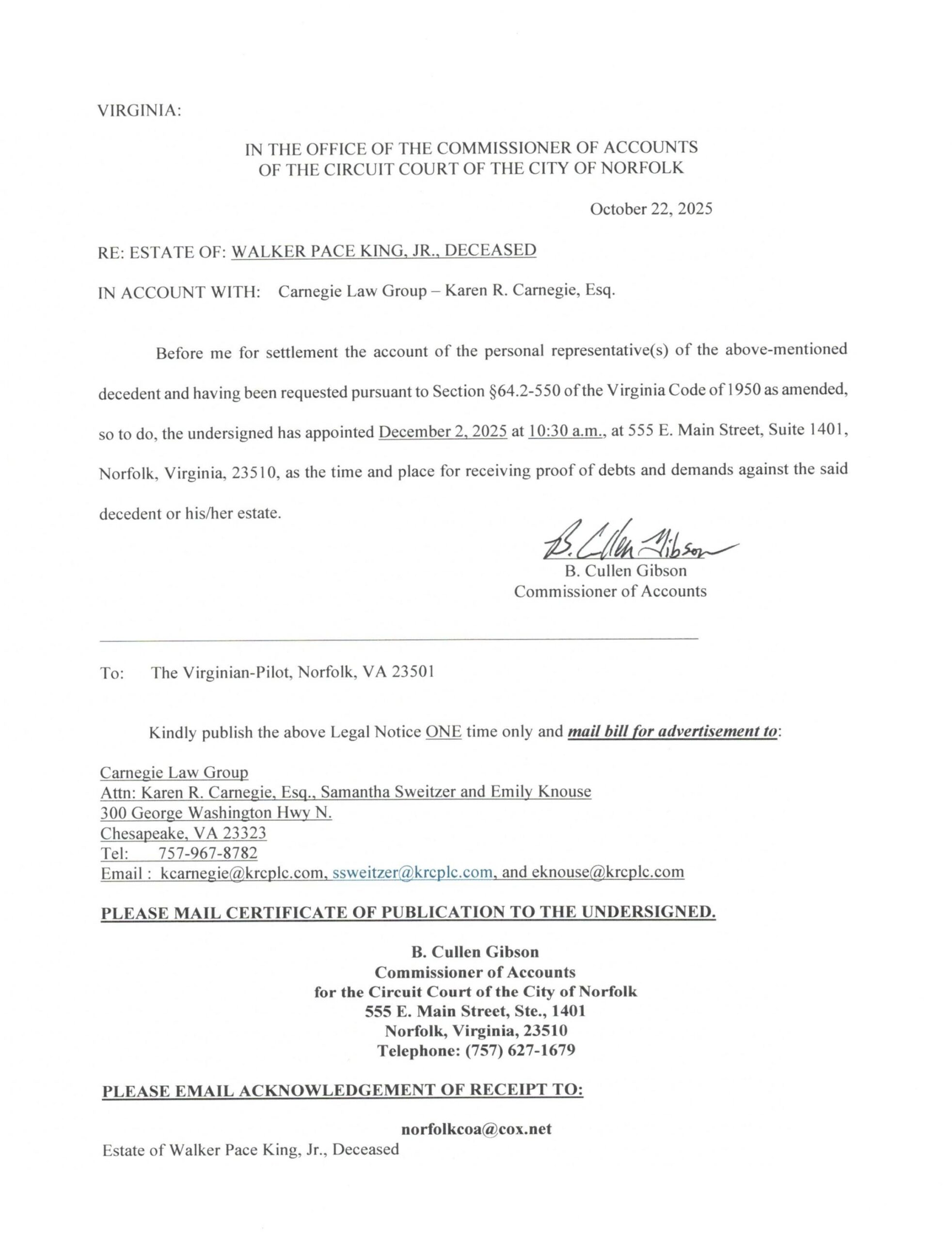 Commissioner of Accounts Notice