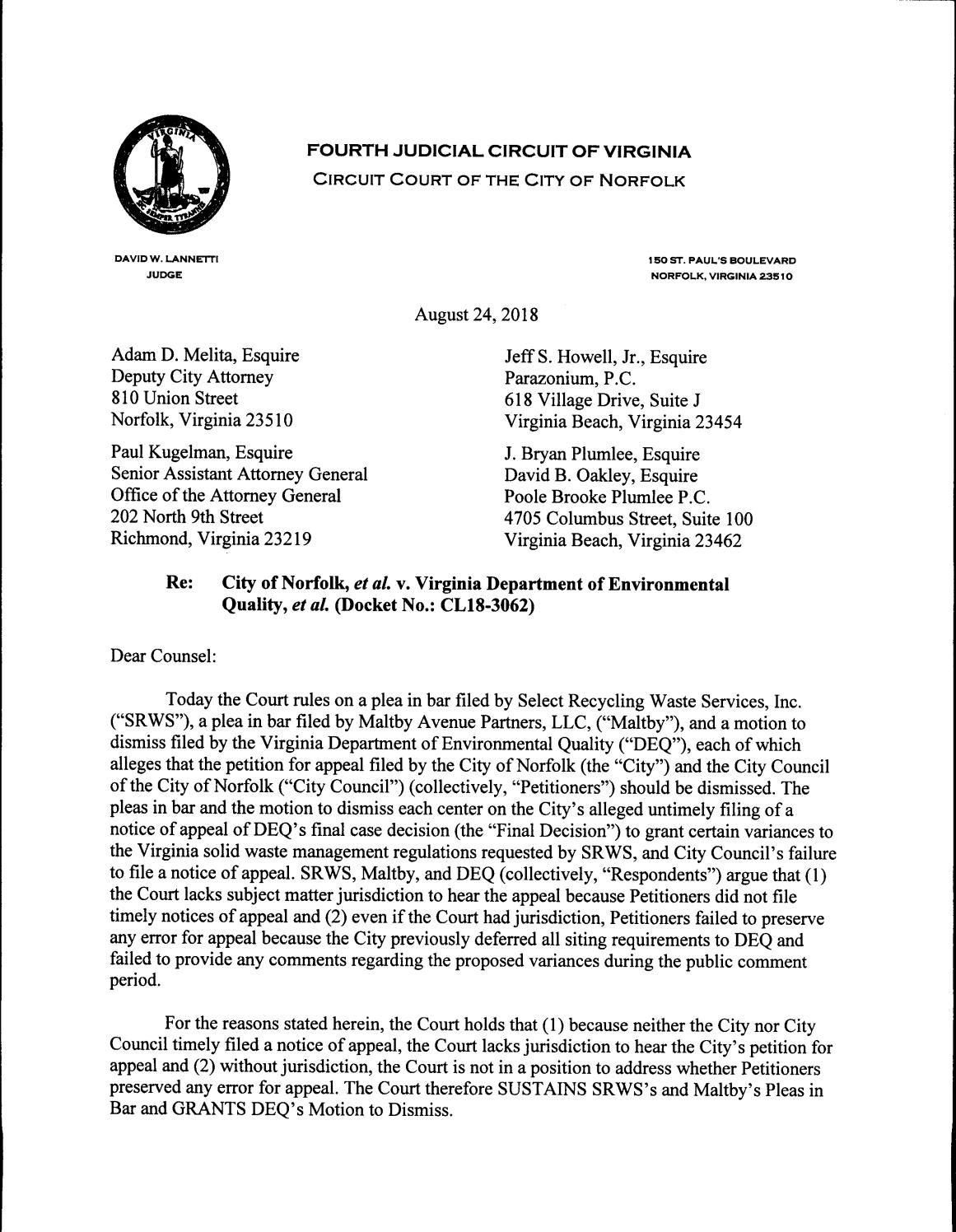 City of Norfolk, et al. v. Virginia Department of Environmental Quality, et al.