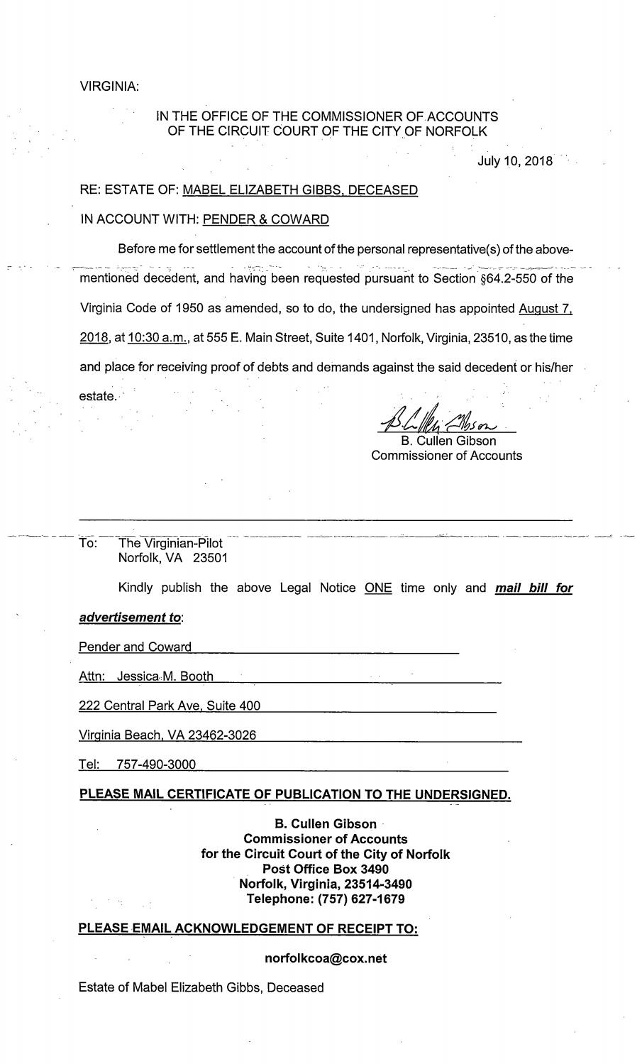 Order of Posting: Estate of Mabel Elizabeth Ginns