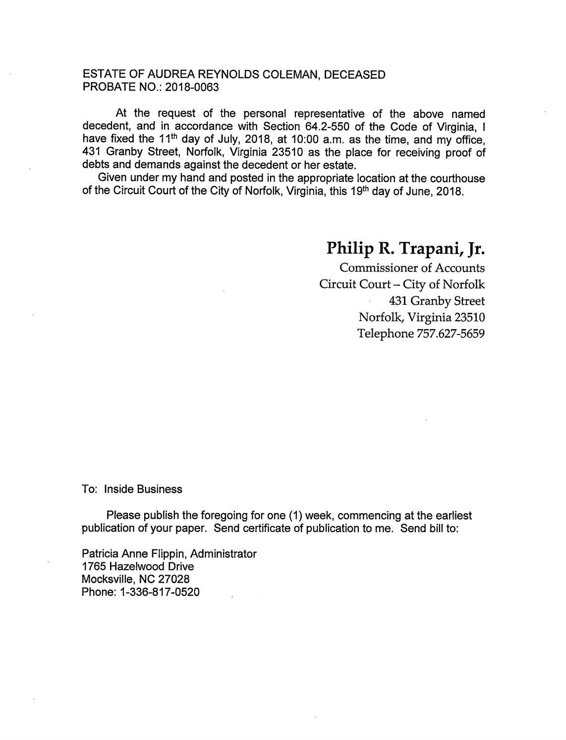 Order of Publication Probate No 2018-0063