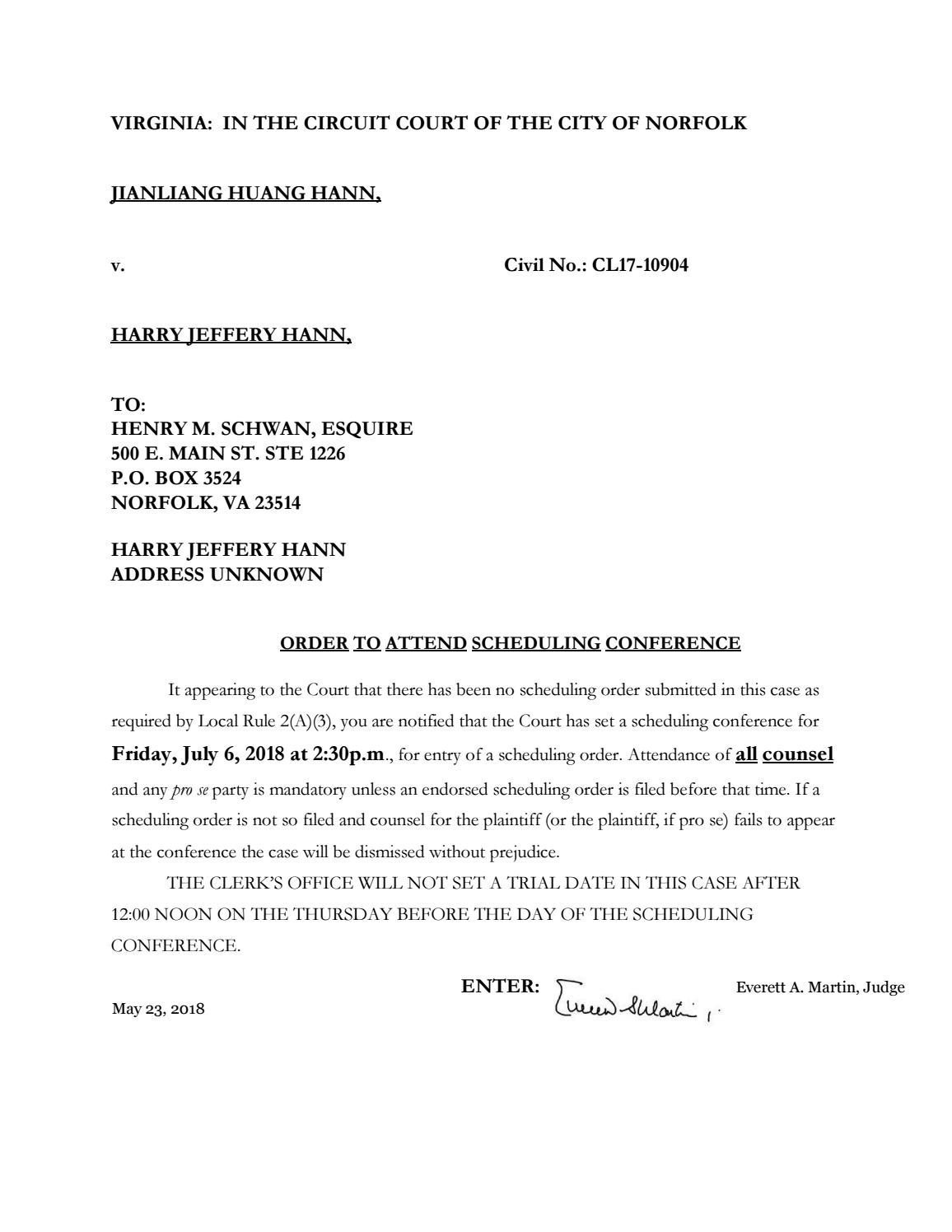 CL 17-10904 Order to Attend Scheduling Conference