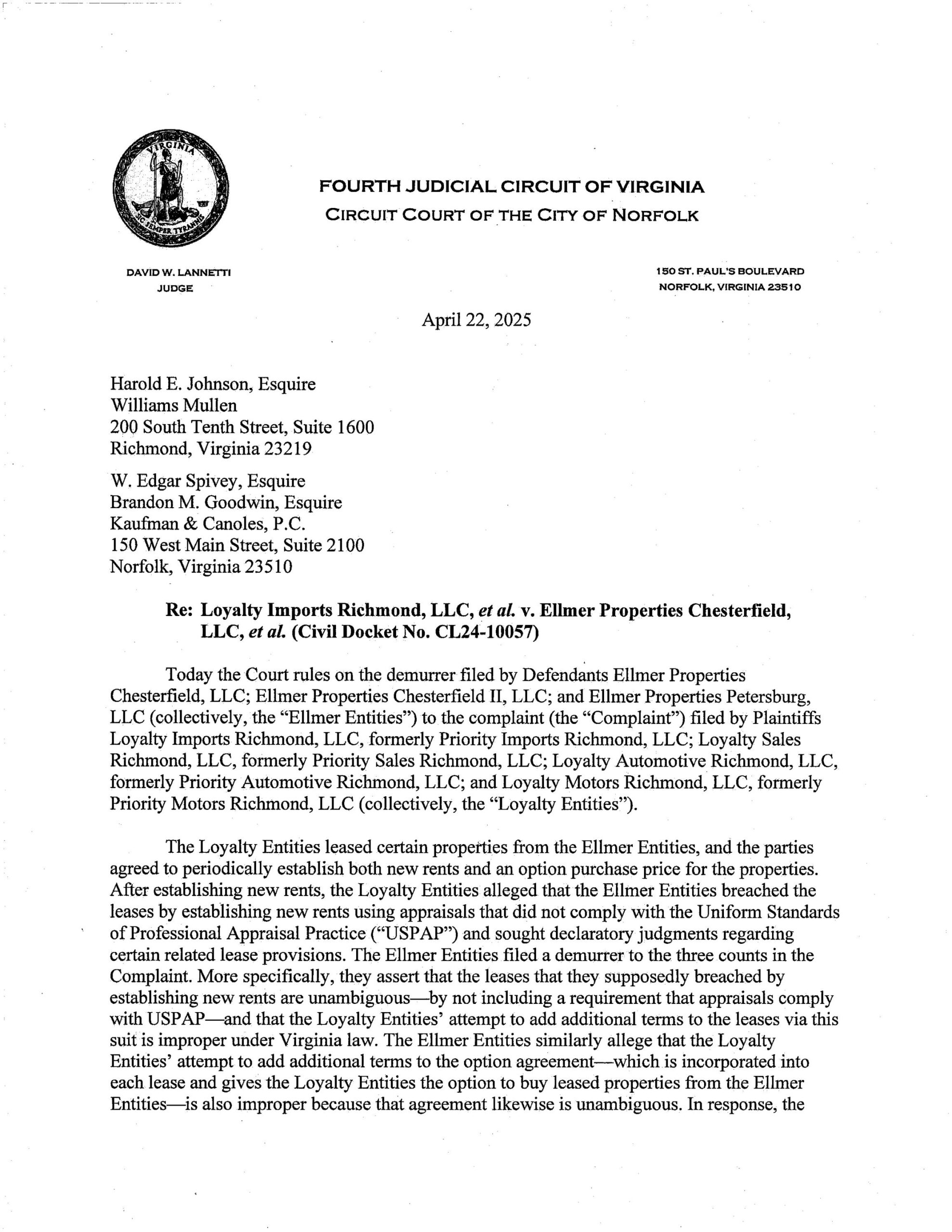 Loyalty Imports Richmond LLC v Ellmer Properties Chesterfield LLC   CL24-10057