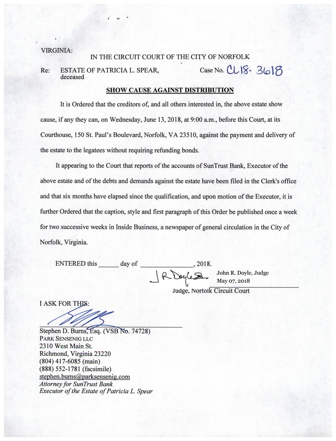 CL 18 3618 Show Cause Order Against Distribition