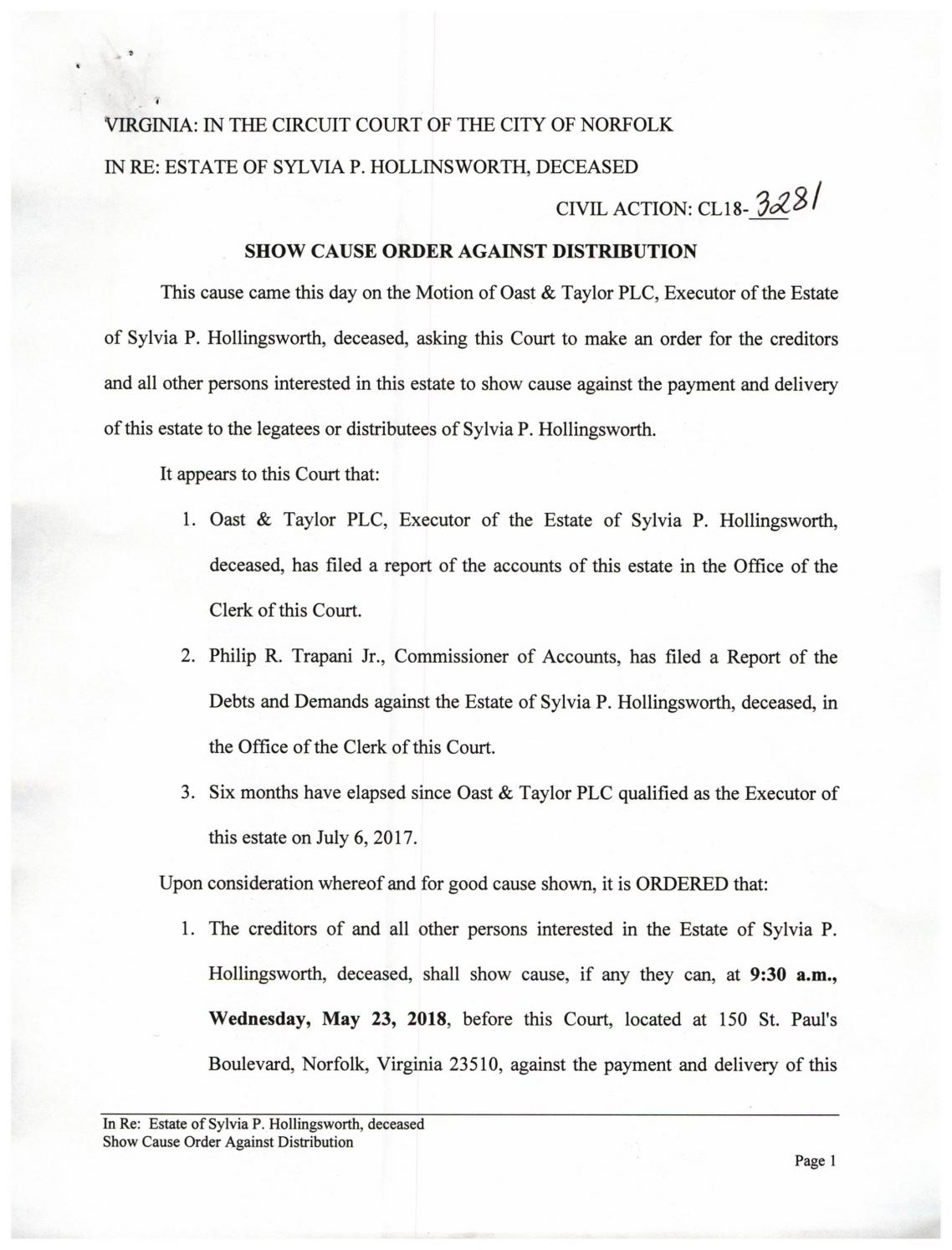 CL 18-3281 Show Cause Order Against Distribition