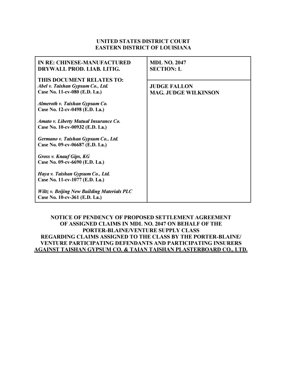 Allen notice of proposed settlement