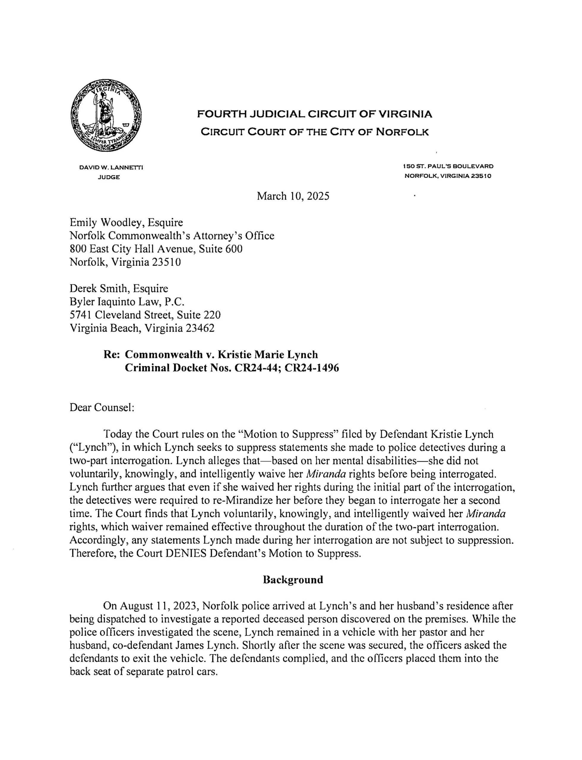 Commonwealth v. Kristie Lynch – CR24-44; CR24-1496 – Letter Opinion