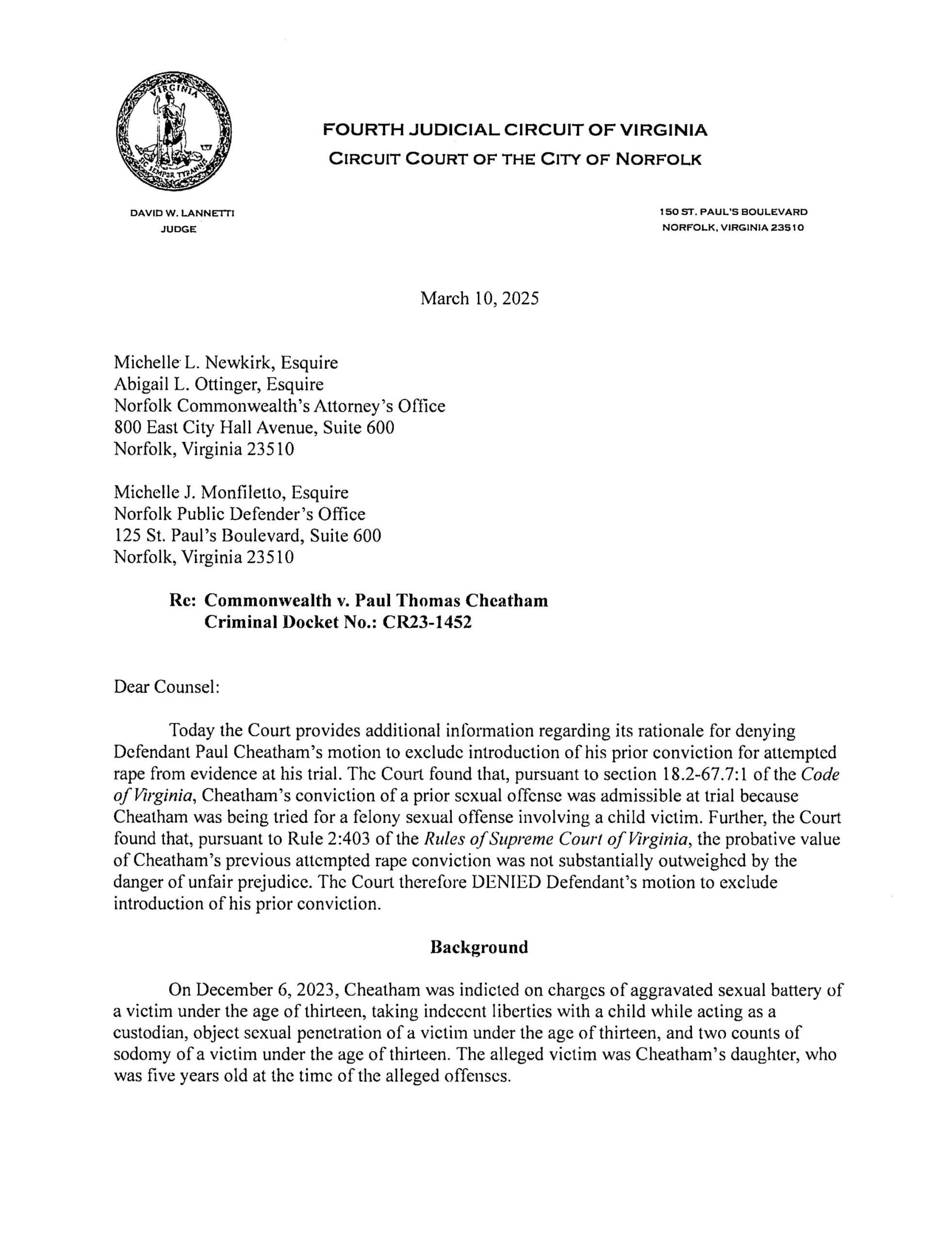 CW v. Cheatham – CR23-1452 – Letter Opinion