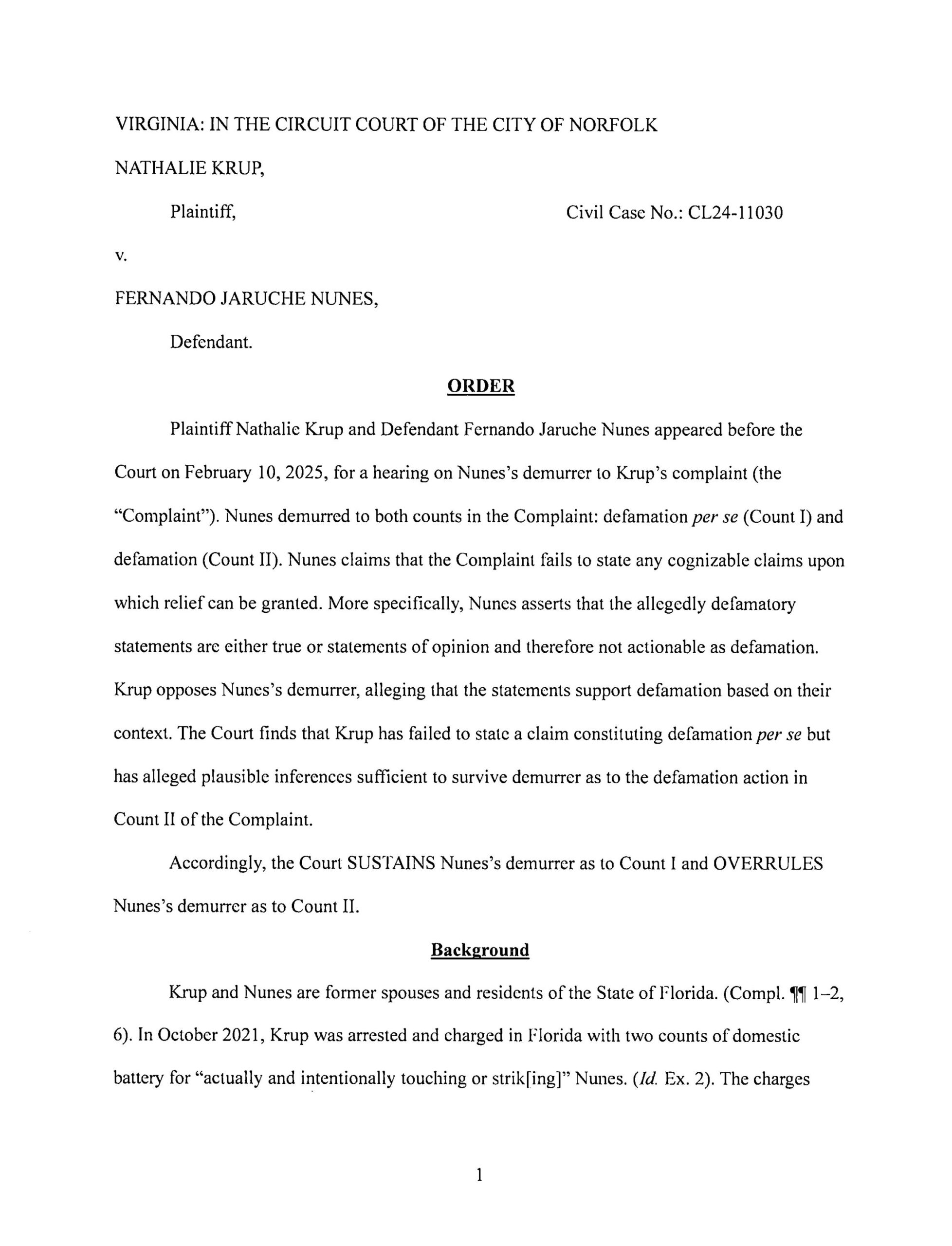 Krup v. Nunes – CL24-11030 – Order