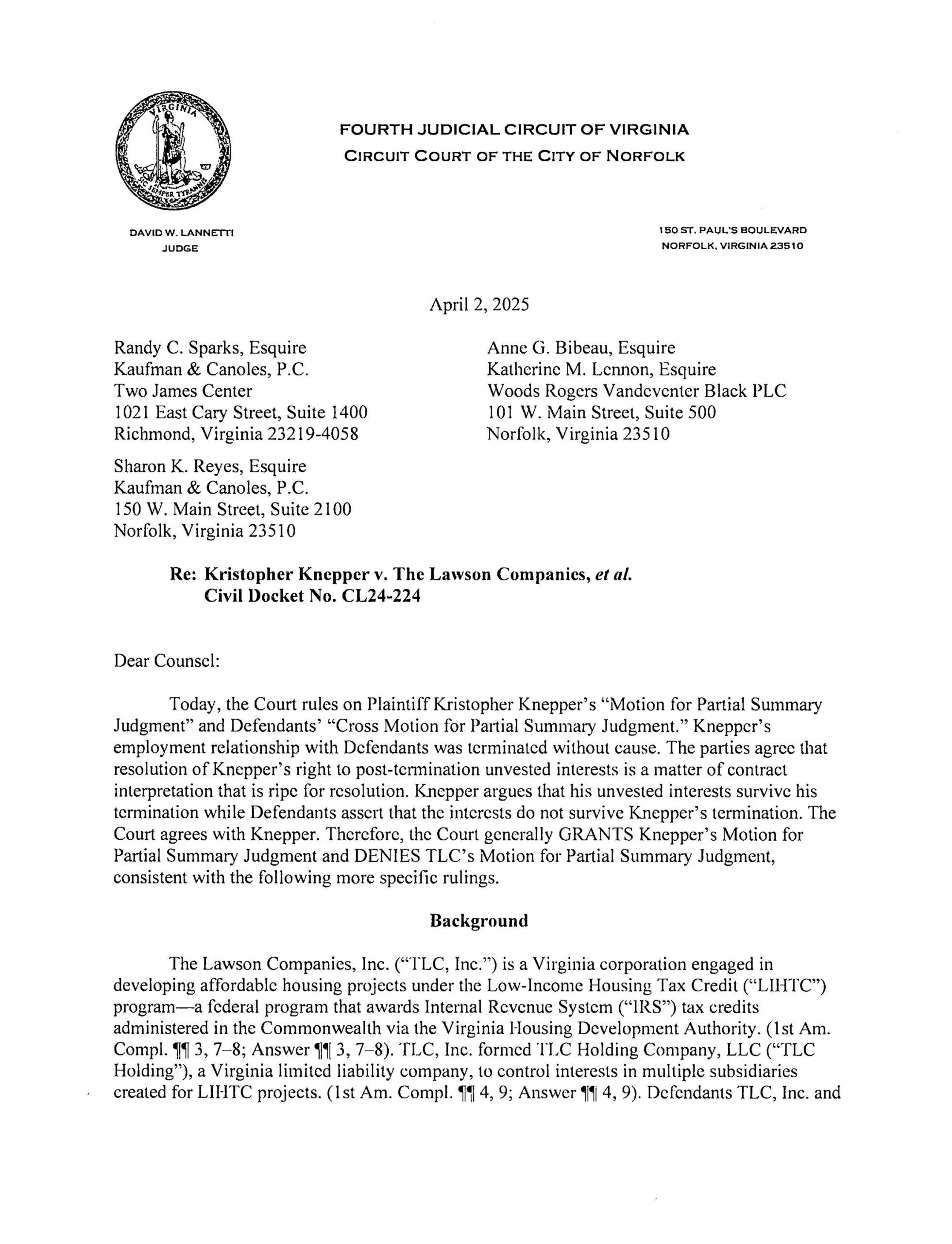 Knepper v. The Lawson Companies, et al – CL24-224 – Letter Opinion 4.2.2025