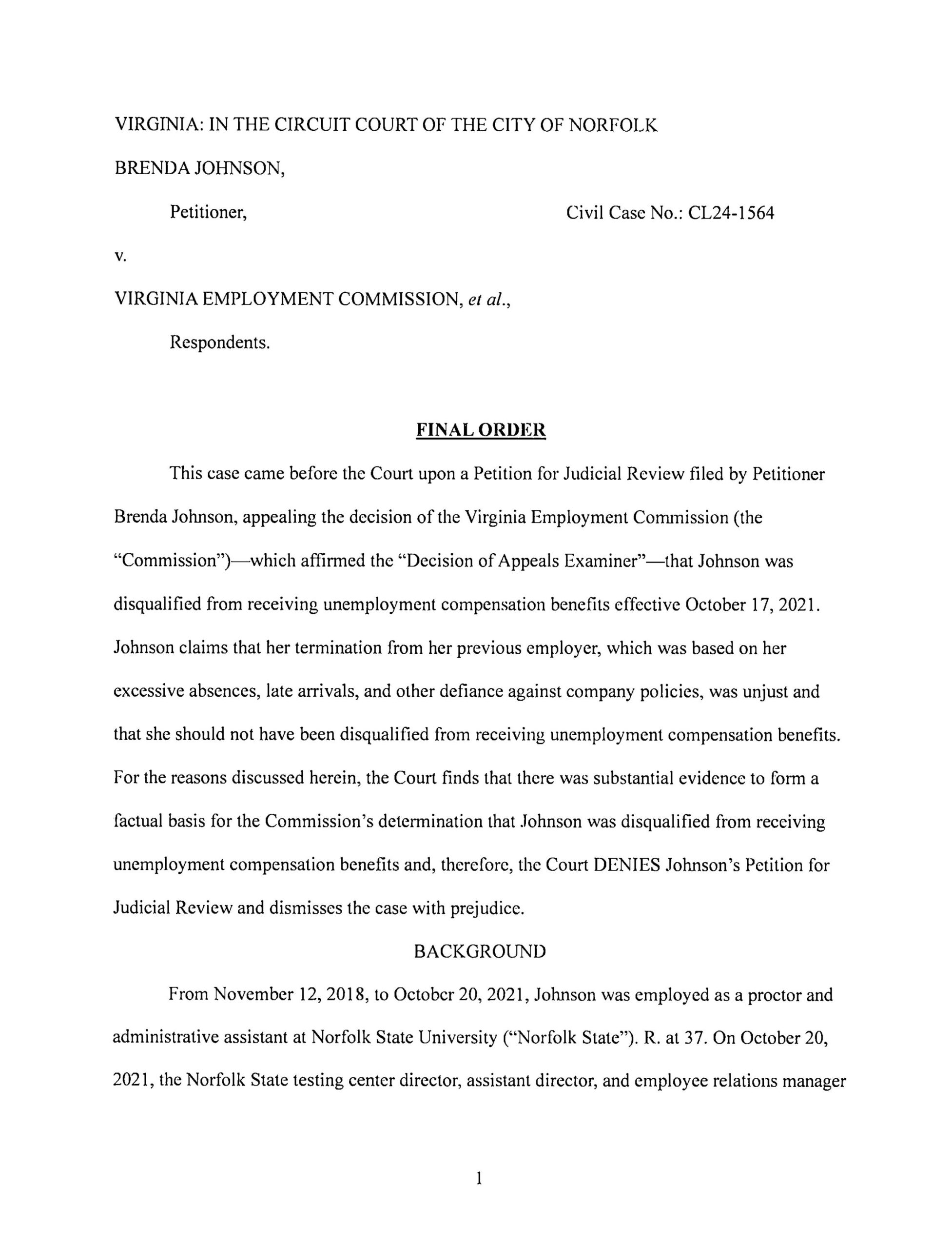 Johnson v. VEC – CL24-1564 Final Order