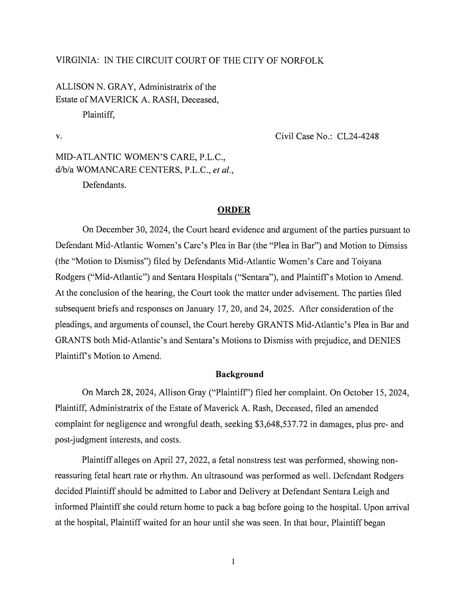 Gray, et al v. Mid-Atlantic Women’s Care – CL24-4248 – Order