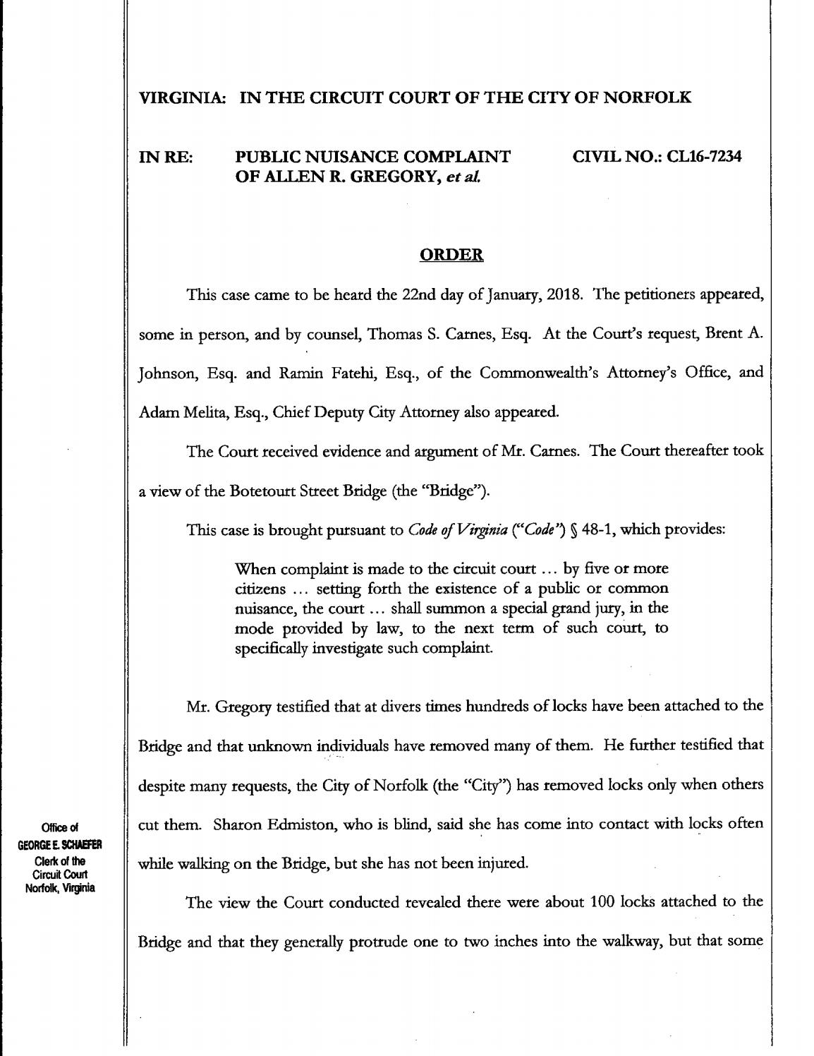 Cl16 7234 public nuisance complaint of allen r gregory, et al