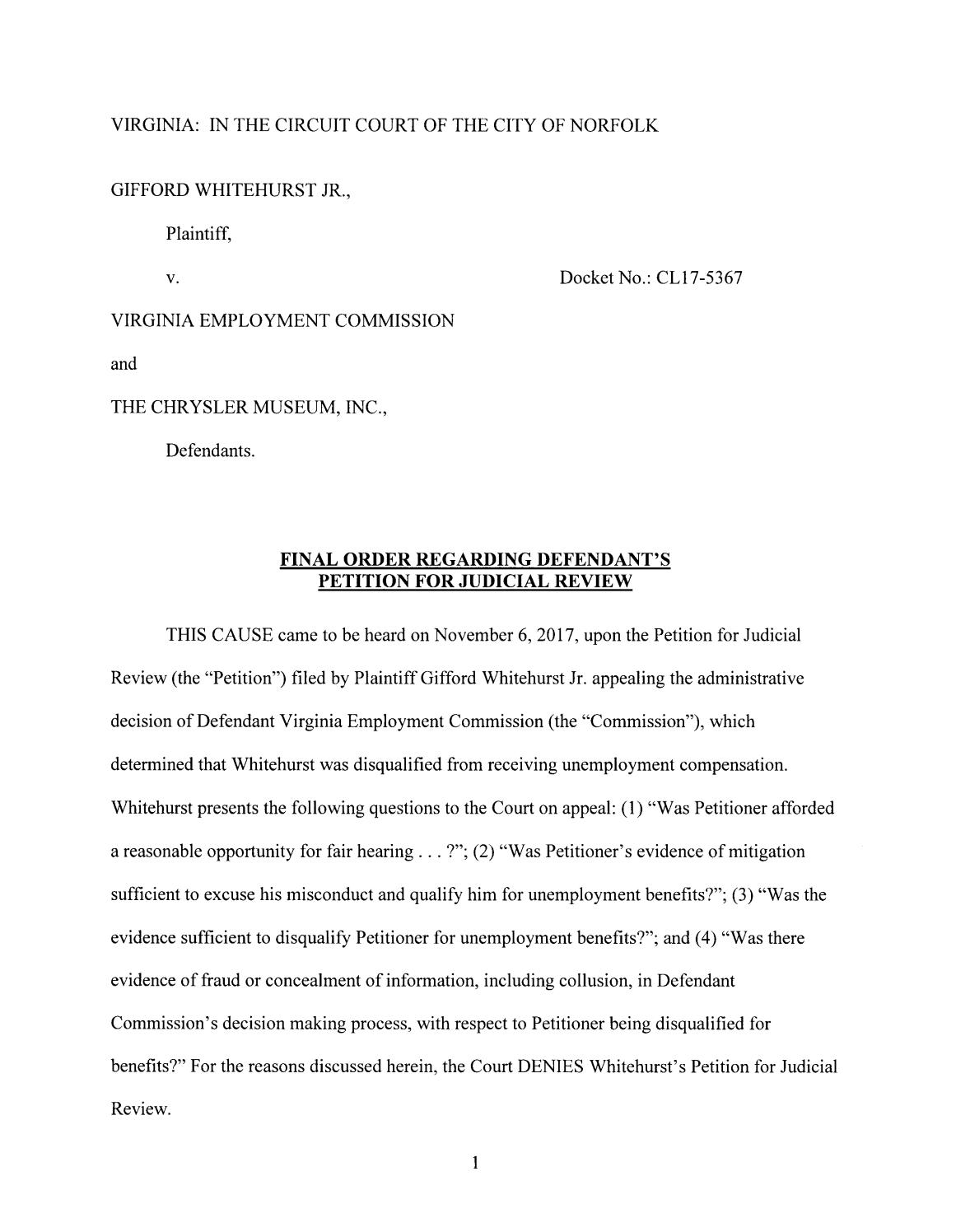 Whitehurst v vec et al final order dwl