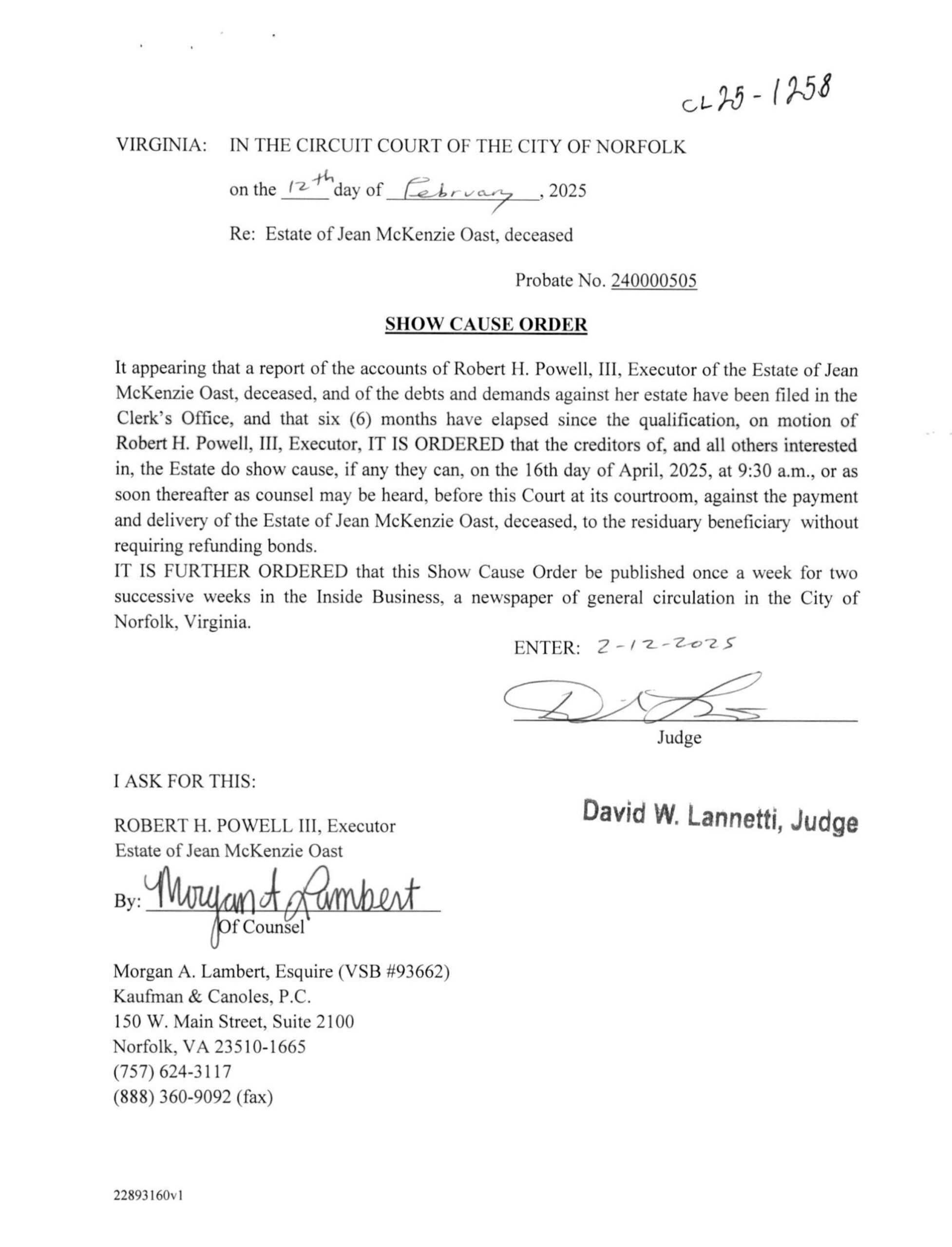 CL25-1258 Show Cause Order